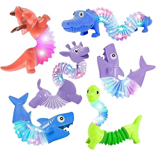 6 Pcs Pop Tubes Fidget Toys for Toddlers, LED Animal Pop Tubes Sensory Toys, Dinosaur Party Favors Dinosaur Toys Flash Party Favors for Kids 3-8, Stress-Relief Pop Sound Spring Toddler Toys
