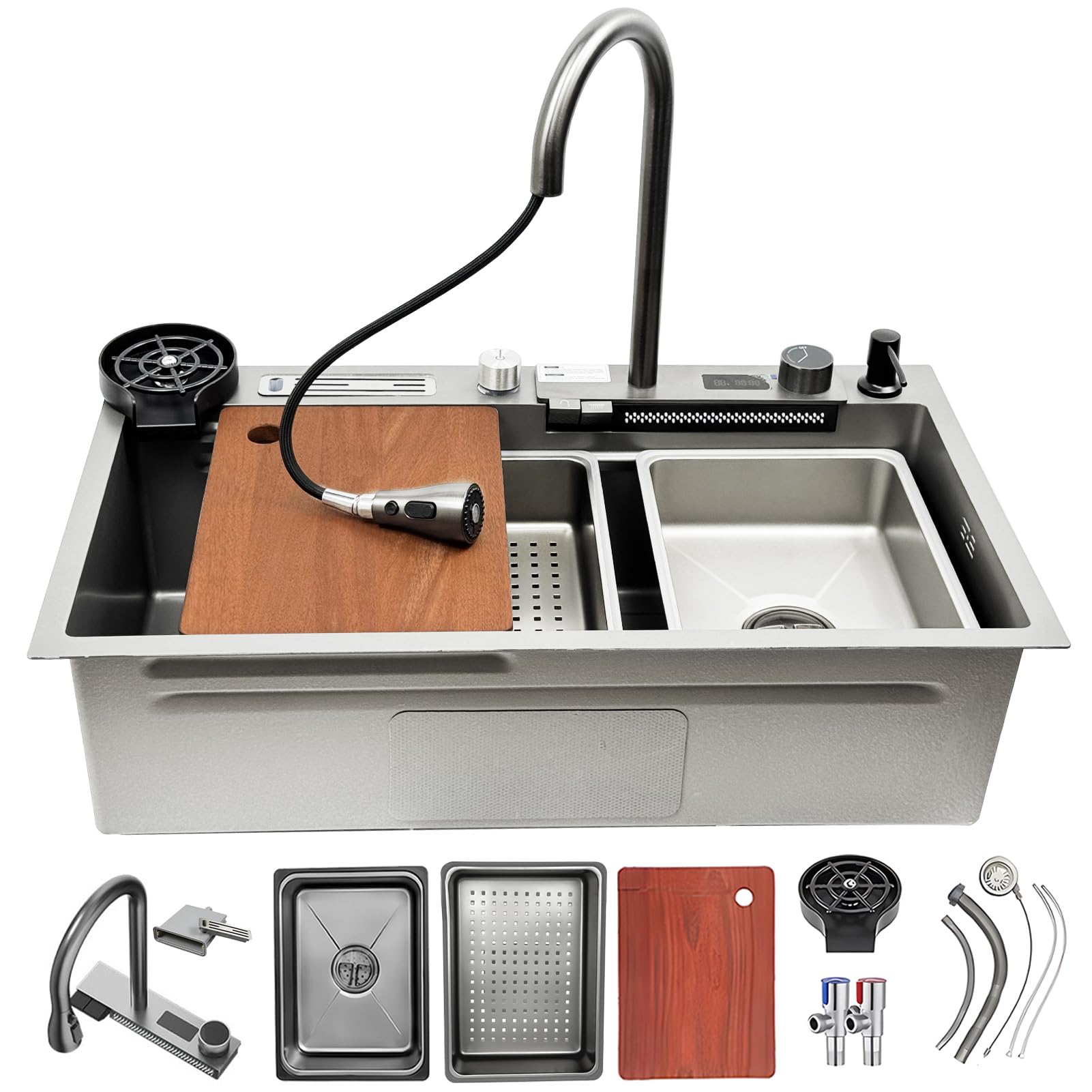 Koogimddr Grigio Multi-Functional Waterfall Sink13-Piece Stainless Steel Kitchen Sink Set With Digital Display Pull-Out Faucet Single Bowl Workstation Cup Washer And Control Knobs(Color:,Size:75x45cm)