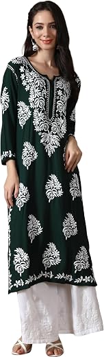 Seva Chikan Hand Embroidered Modal Lucknowi Chikankari Women's Straight Kurti Kurta SCL4005