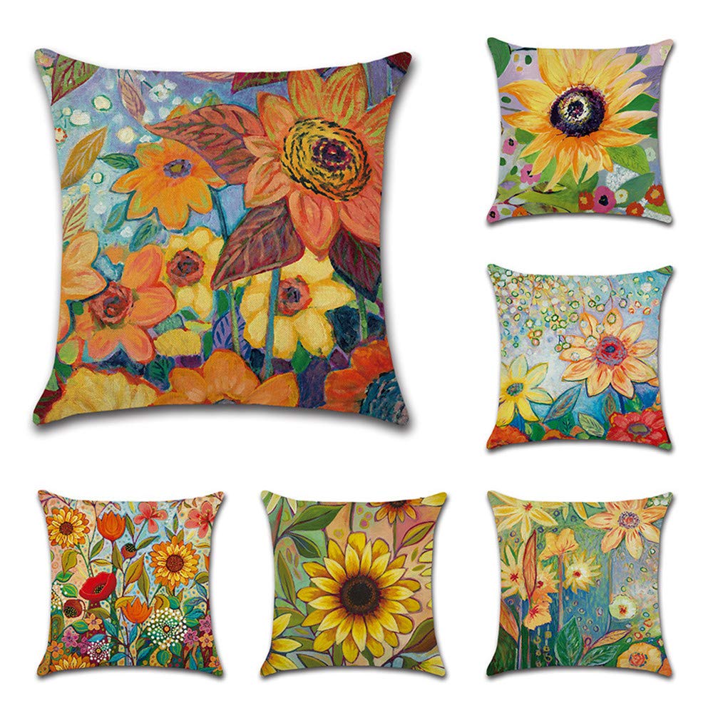 KIYOUMI Sunflowers Patterns Pillowcase Cushion Covers 45Cm X 45Cm, 6 Sets Cushion Covers Square Cushion Cover Home Decorative Throw Pillow Case