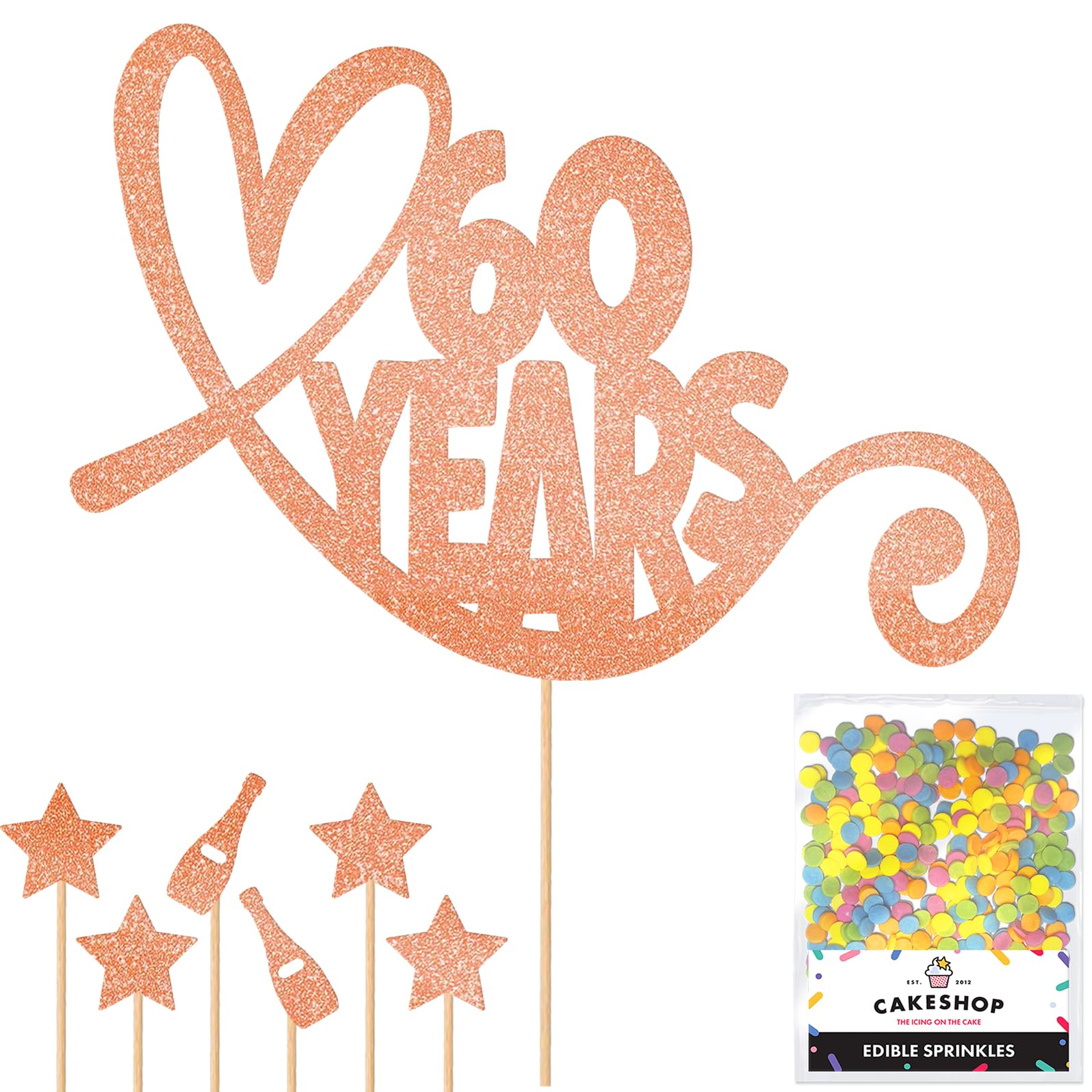 Personalised Wedding Anniversary Glitter Cake Topper - Rose Gold Custom Colour Any Year/Age Love Heart Couple Celebration and Sprinkles - Decorations - Personalised Toppers for Cakes by Cakeshop