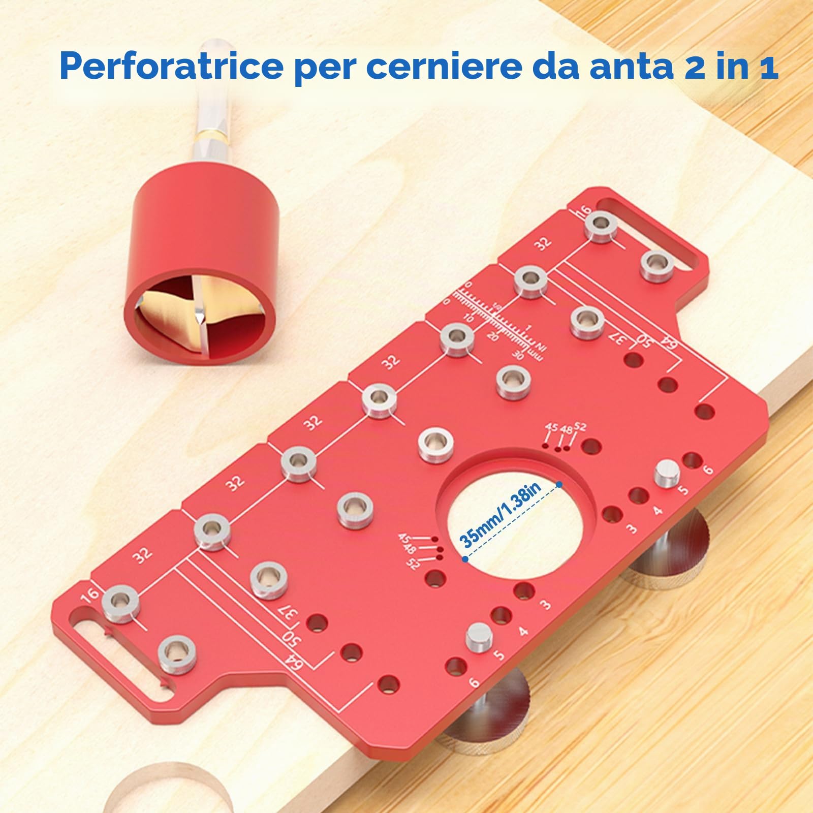 Jig per perni per mensola e cerniera da 35 mm due in uno, maschera per foratura con punte da 5 mm e 1/4", guida per trapano per fori di foratura