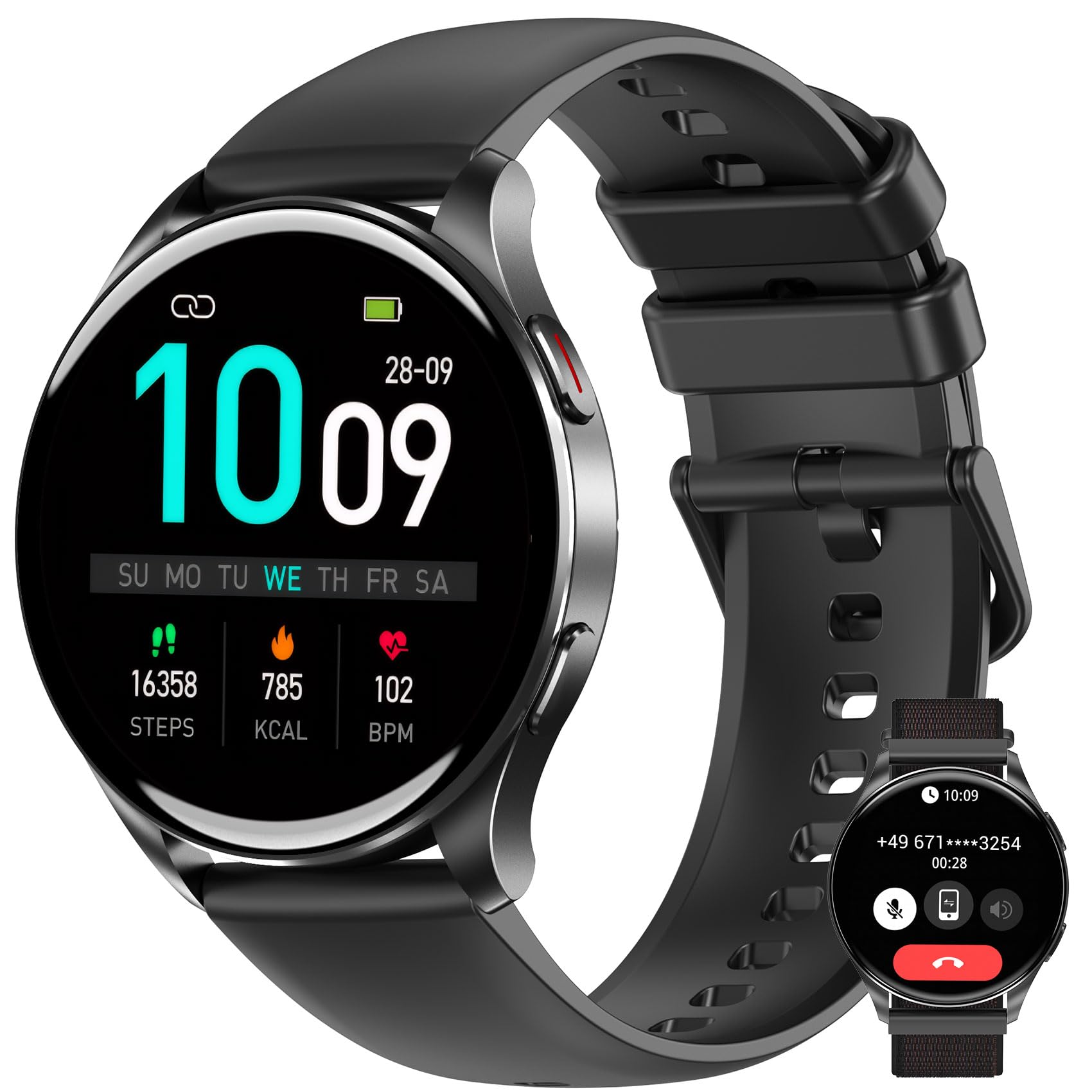 IOWODO Reloj Inteligente Hombre - Smartwatch 1.43" AMOLED con Llamadas Bluetooth, Monitor Cardíaco 24h, SpO2, Sueño,120 Modos, 2 Correas, IP68, para iOS/Android Carbonfree Certified