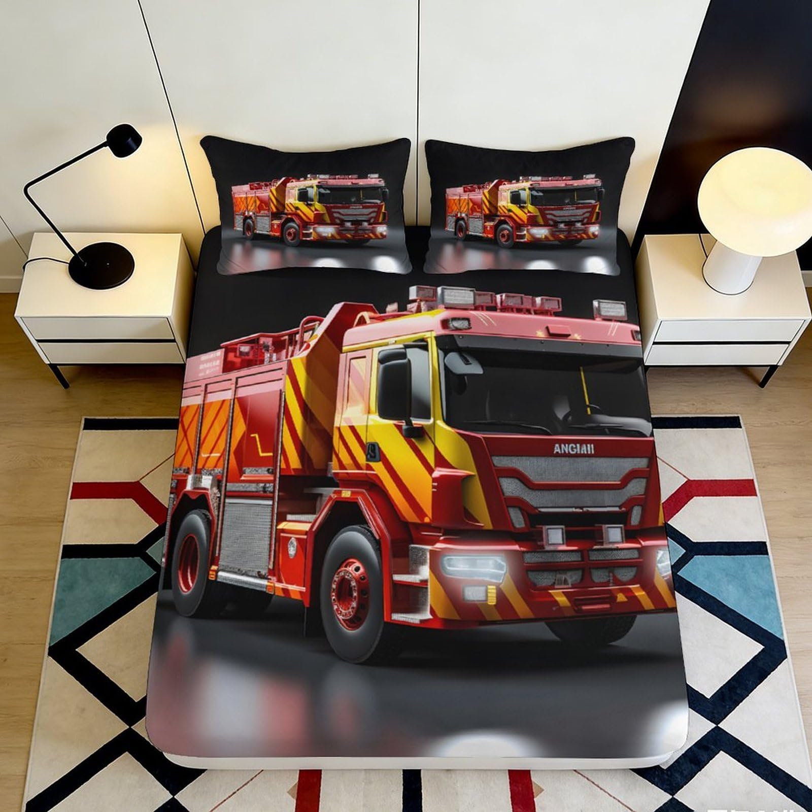 3D Printed Fire Truck Fitted Sheet Microfiber Durable Soft 3D Printed Fire Engine Bed Cover for Bedroom Dormitory Guest Room Mattress Protection 140x200x25cm