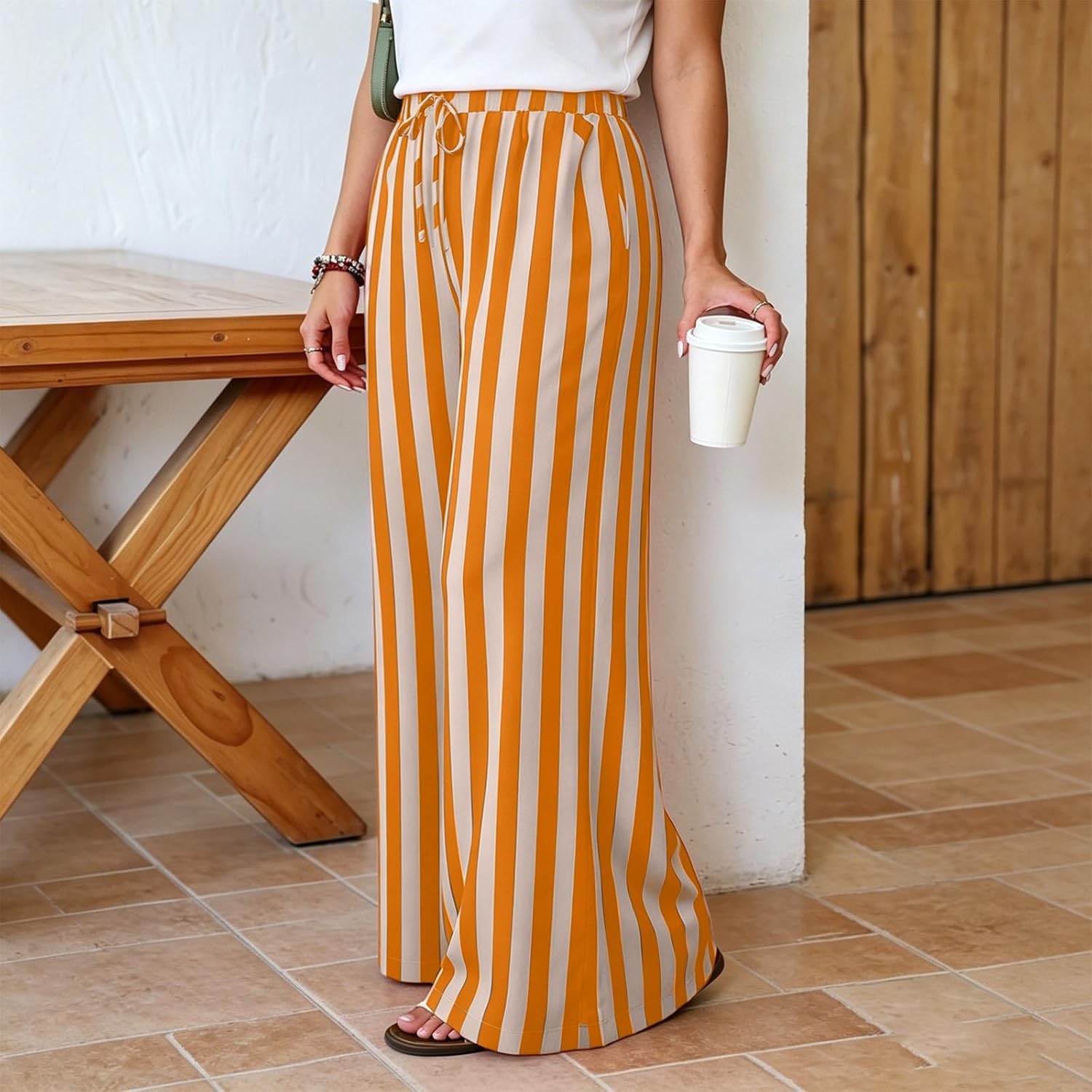 Women Striped Wide Leg Pants Drawstring Elastic Waist Loose Comfy Trousers Summer Trendy Casual Beach Palazzo Pants