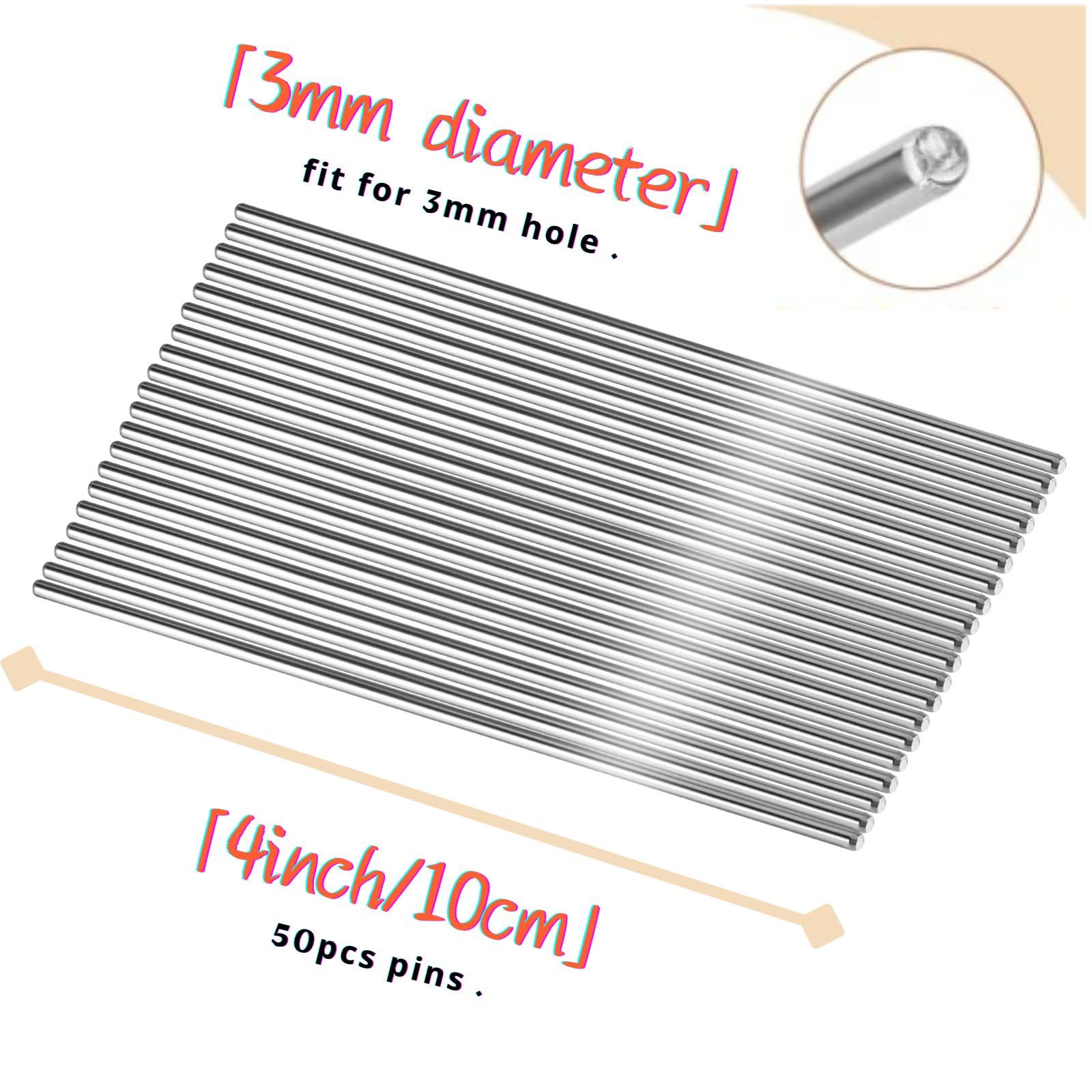 50pcs Stainless Steel Rod Pins for Blocking Crochet,3mm for 4-inch Length,Blocking Board Pegs with Polished Surface,Ideal for Knitting and Crocheting Supplies (50)