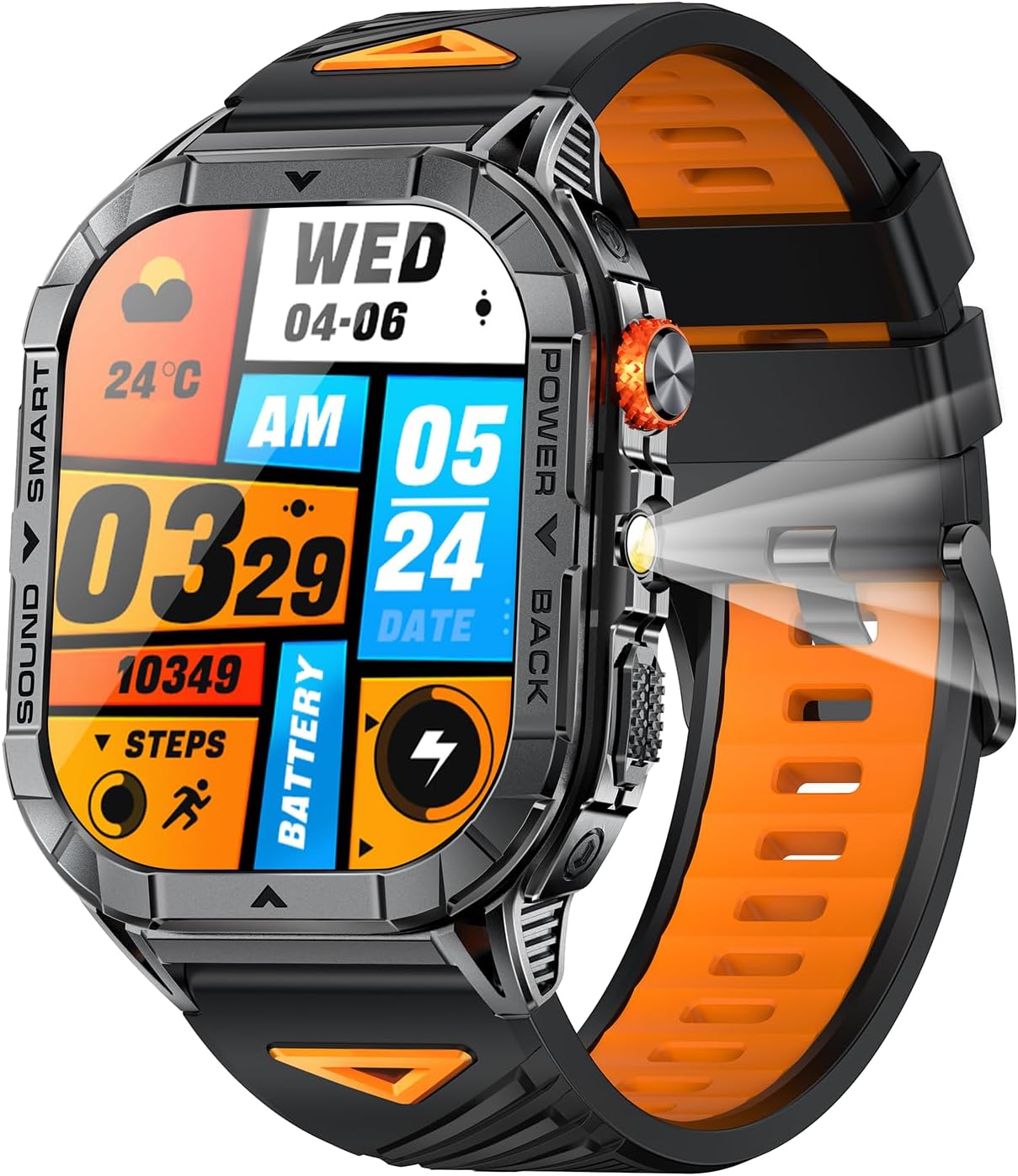 Yihou Military Smart Watch for Men with Heart Rate Monitor Sleep Tracking Fitness Watch Fitness Tracker with Flashlight Big Battery Waterproof for Android iOS Black Orange