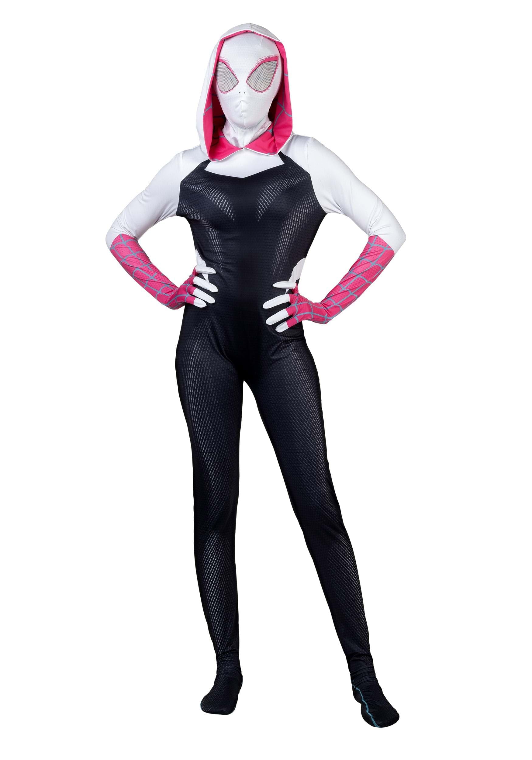 MARVEL Spider-Gwen Official Adult Zentai Halloween Costume - Hooded Spandex Jumpsuit with Printed Design and Pull On Mask