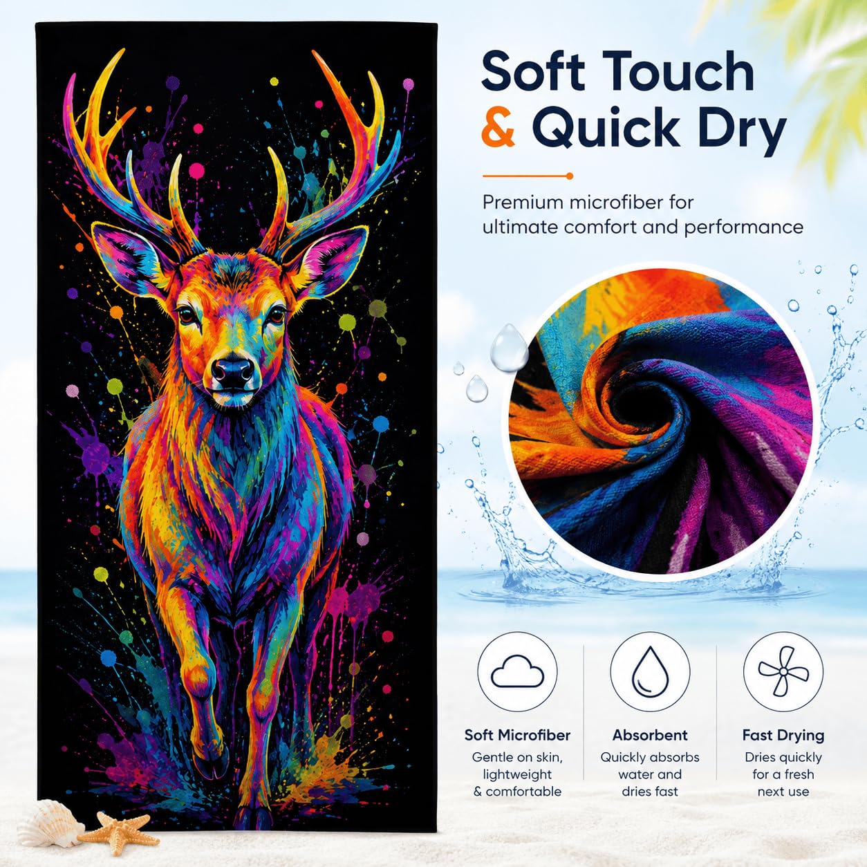 Telo Mare Microfibra Cervo Colorato Asciugatura Rapida | Asciugamano da Spiaggia Cervo Astratto, 145x200 cm, Assorbente, Accessori Mare, per Palestra Viaggio