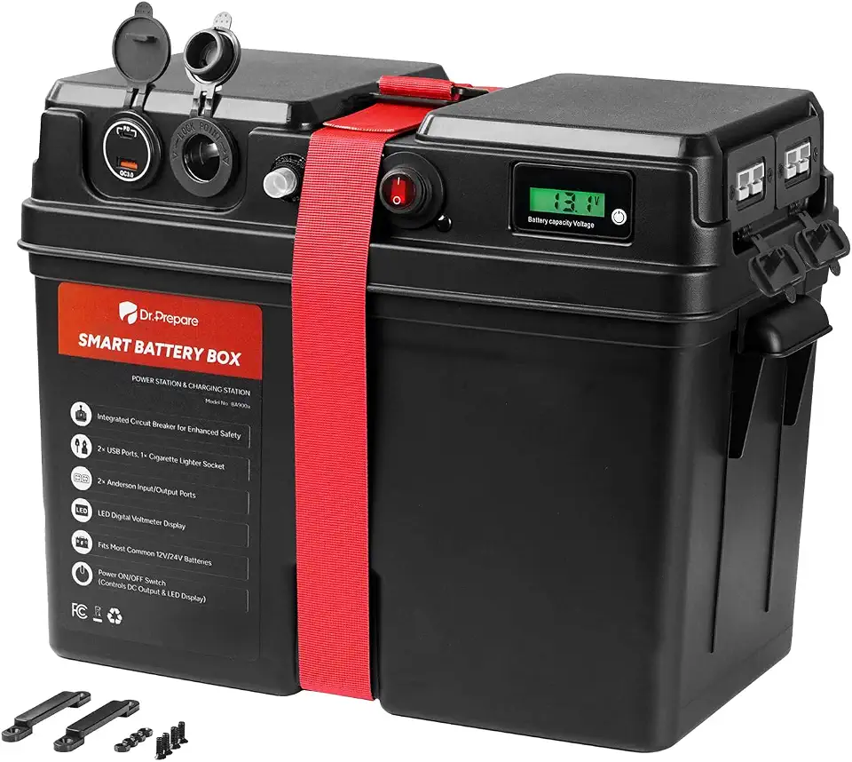 DR.PREPARE Caixa de bateria inteligente para motor elétrico, tamanho 24/27/31, caixa de bateria marítima com USB, isqueiro de 12V/24V e portas Anderson, centro de energia para barco de painel solar RV