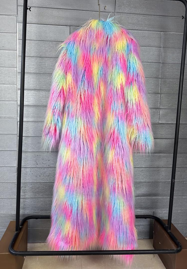 Shaggy Fluffy Faux Fur Coat With Candy Multicolored Sweater Women's Extend Ankle Puffy Outwear - Image 5