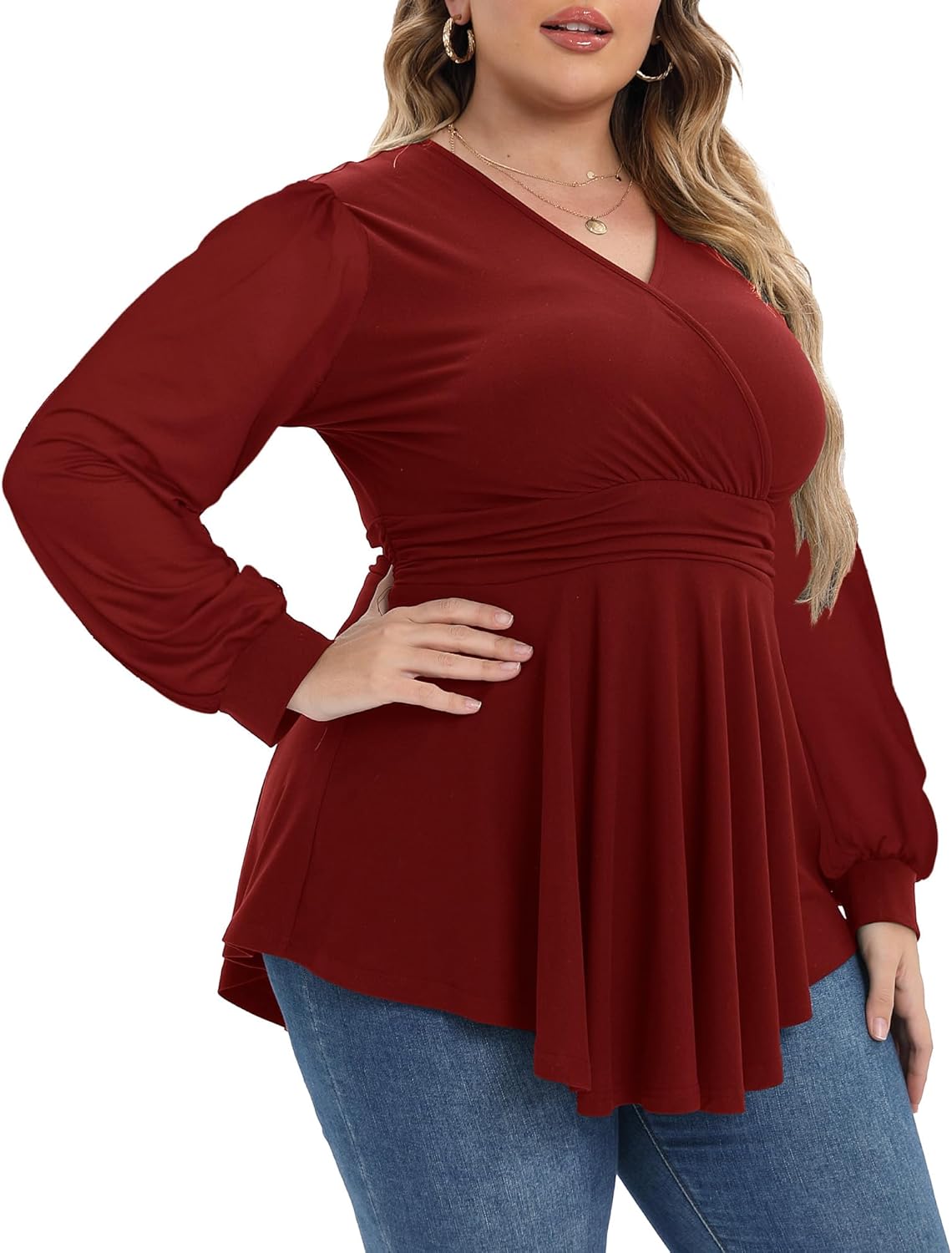 Plus Size Tops for Women Lace Long Sleeve Fall Shirts Casual Dressy Wrap V Neck Pleated Tunic Top - Image 4