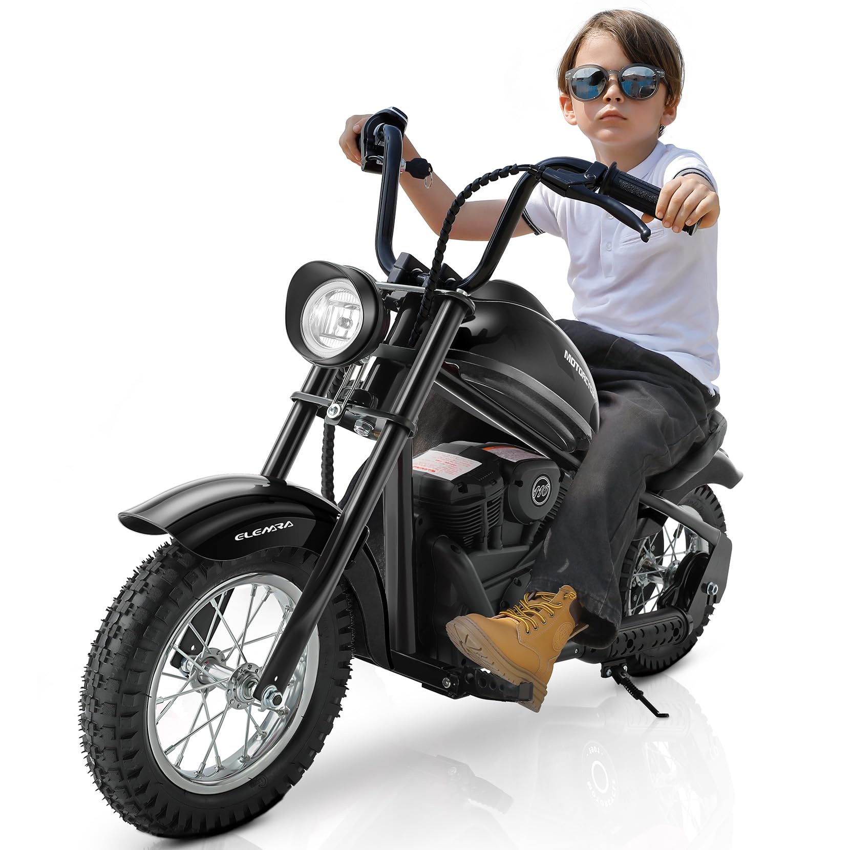 ELEMARA Electric Dirt Bike, 15 mph &amp; 150lb Max, 24V Ride on Toy for Big Kids w/LED Lights &amp; Power Display, Chain-Driven Motor, Twist-Grip Throttle, Shock Springs, Handbrake, 12" Air-Filled Tires-Dark