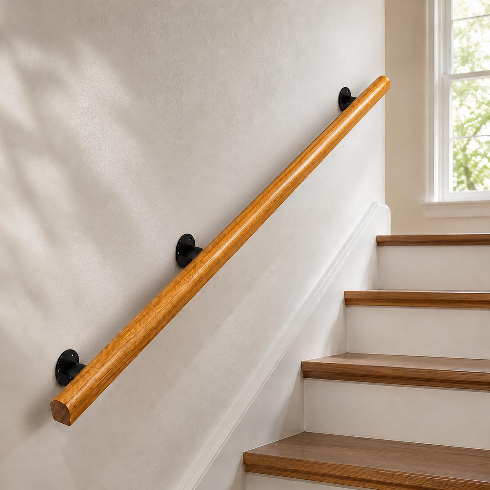 Wooden Handrails for Stairs, Non-Slip Stair Banister with Brackets