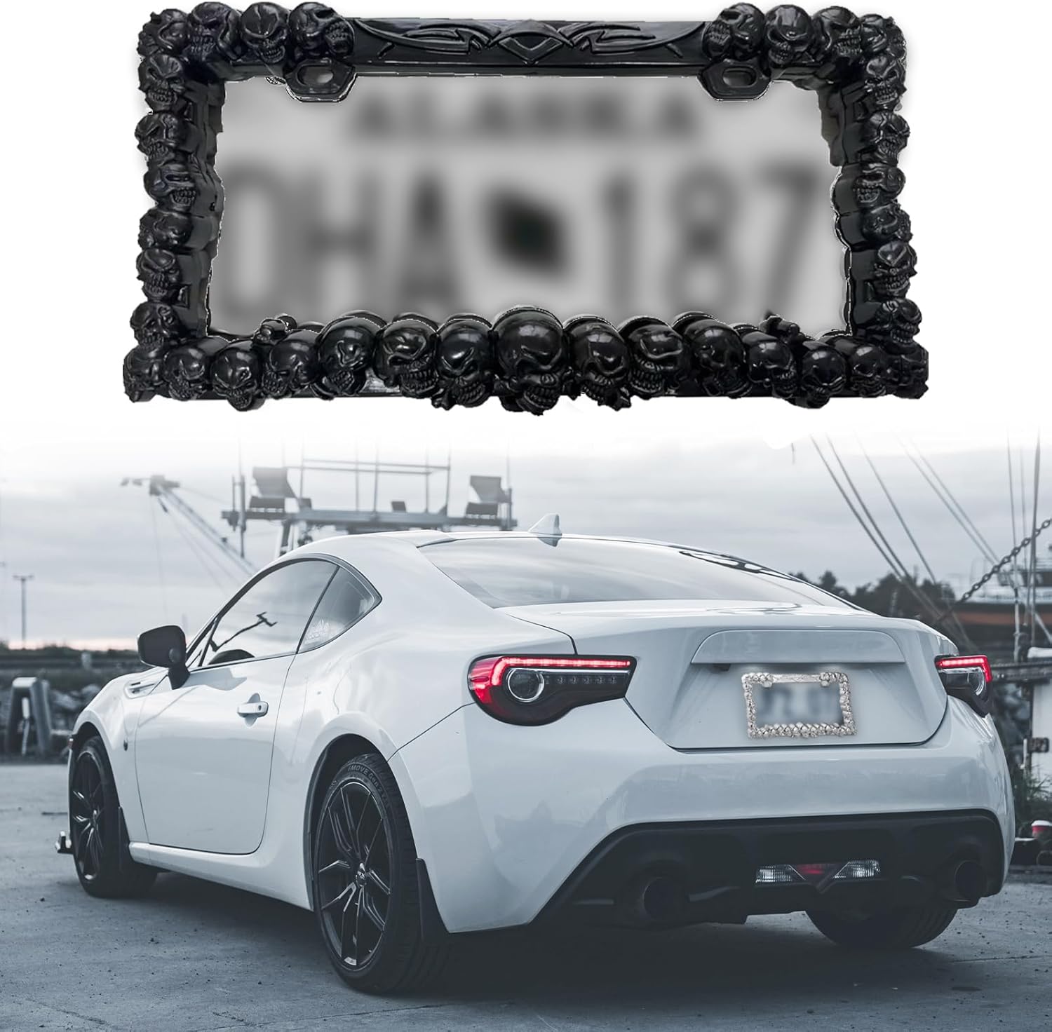 2PCS Car License Plate Frame American Standard License Plate Holder, Car License Plate Covers with Screws & Tools (Black-Skull, 12.65 * 6.5 * 3.85)