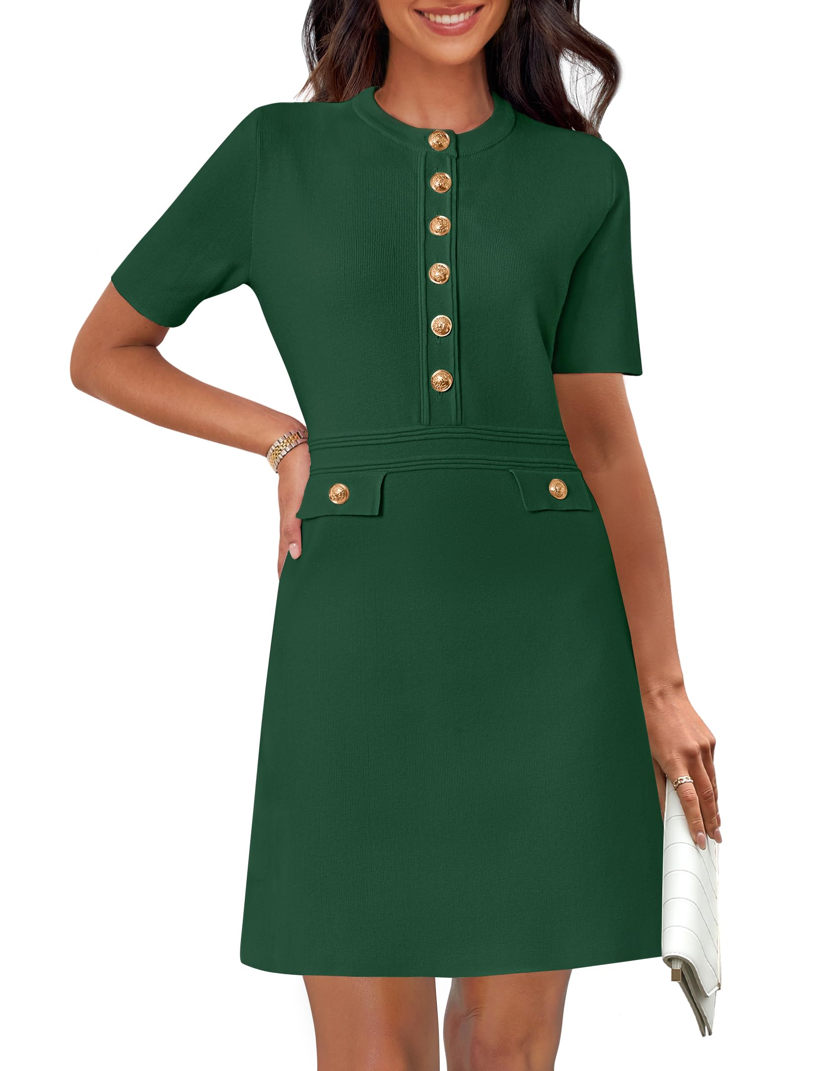 MEROKEETY Womens Knit Bodycon Sweater Dress Button Business Work Short Sleeve Formal Elegant Mini Dress