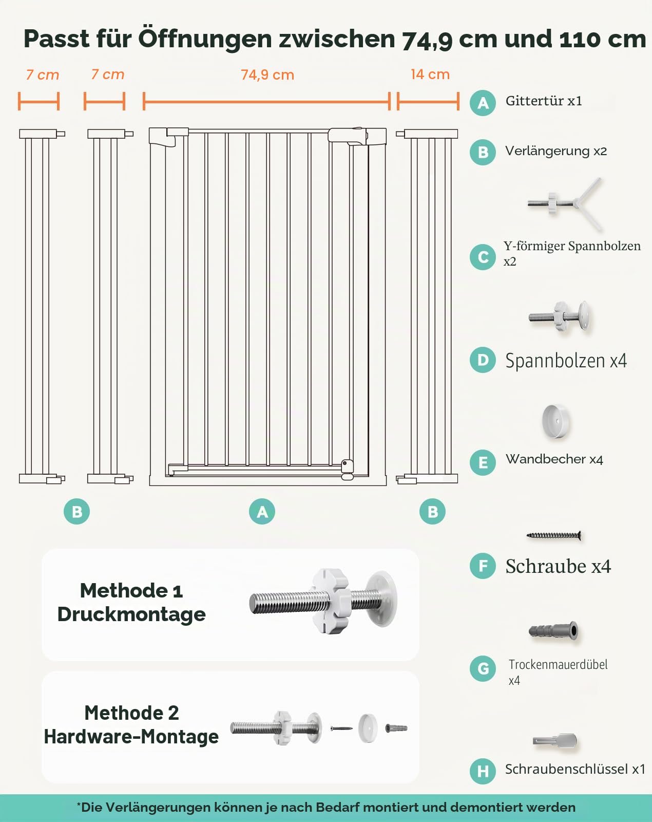 COMOMY 107 cm Extra Hoch Türschutzgitter, 75-110 cm Breit Treppenschutzgitter ohne Bohren, Türgitter für Baby, Kinder, Hund und Katze, Metall, Automatisches Schließen, 90°Stop (Weiß)