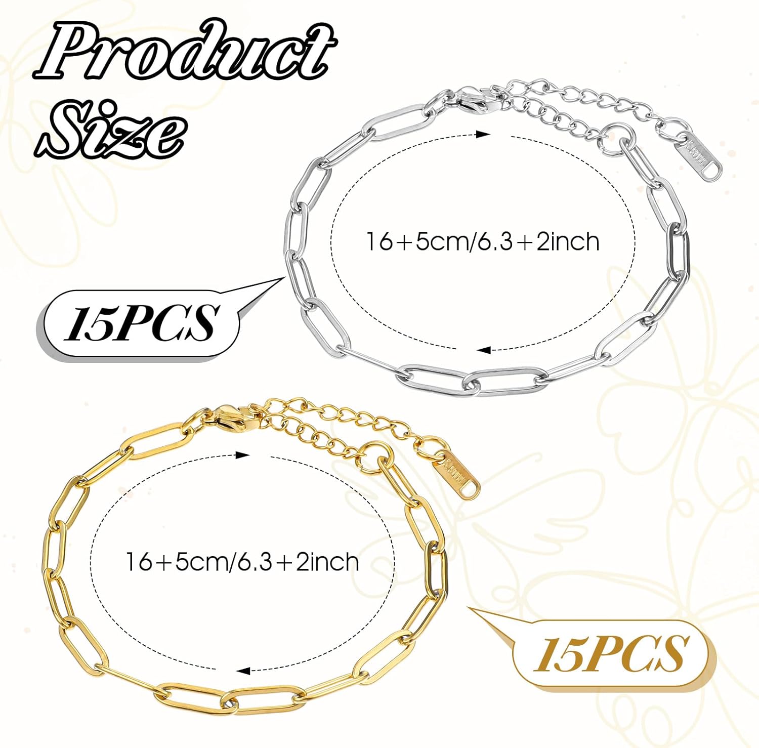 30Pcs Charm Bracelet Chain Bulk, 6.3Inch Charm Bracelet Gold/Silver Kit Bulk Stainless Steel Paperclip Adjustable with Lobster Clasps for Women Christmas DIY Bracelets Jewelry Making - Image 2