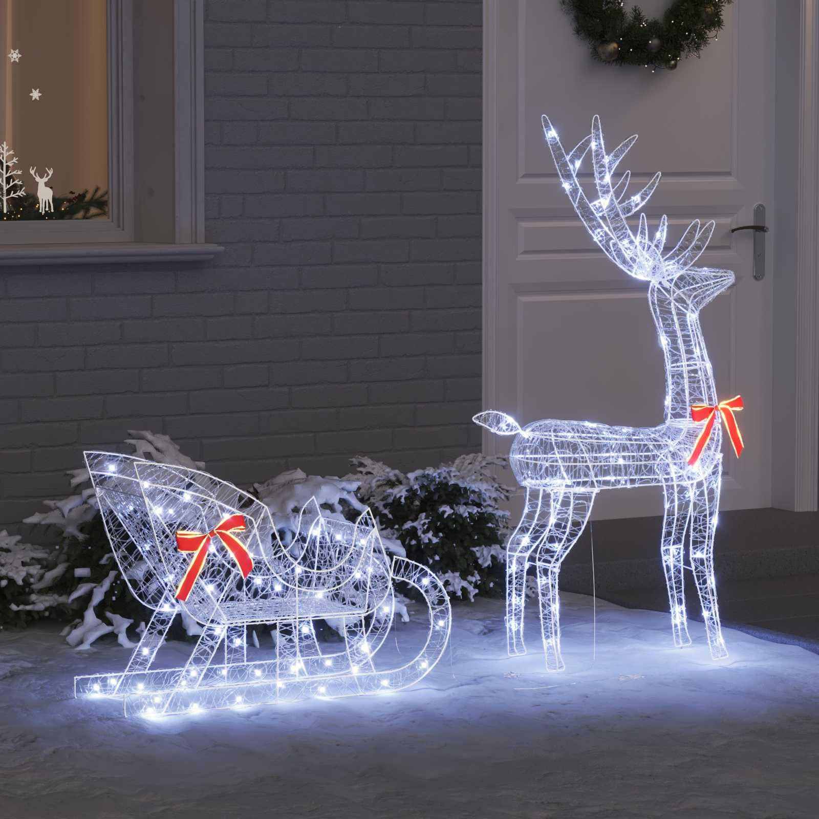 vidaXL Traîneau tiré par Un Renne Blanc Froid 70 x 26 x 130 cm, Sapin Moderne, déco en Rennes Durable, Figurine de Noël, lumières LED USB, déco Acrylique Minimaliste
