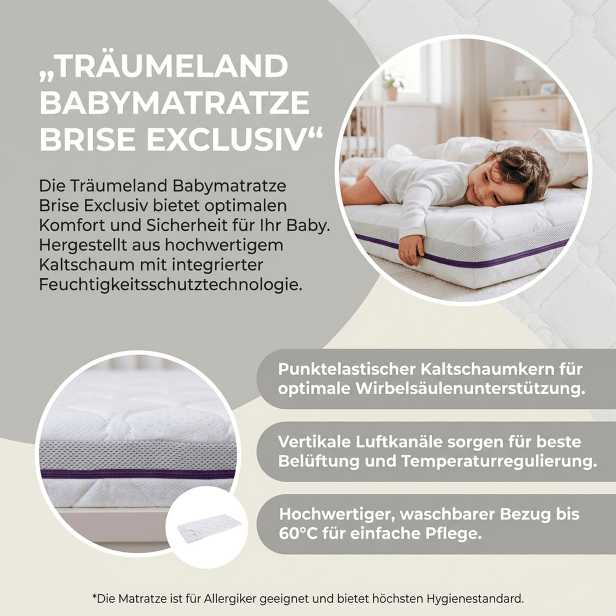 Träumeland Babymatratze Brise Exklusiv | Kindermatratze aus punktelastischer Kaltschaumkern für Stubenkorb, Wiege, Beistellbett | Kinderbettmatratze mit vertikalen Belüftungskanälen