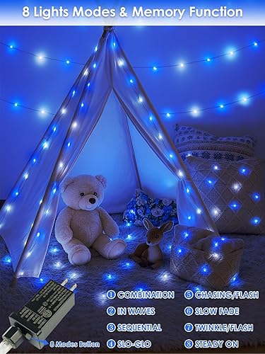 Vista 65 de Guirnalda de 200 luces LED enchufables de 66 pies, tira de luces impermeables para exteriores e interiores, 8 modos con temporizador, luz de Navidad