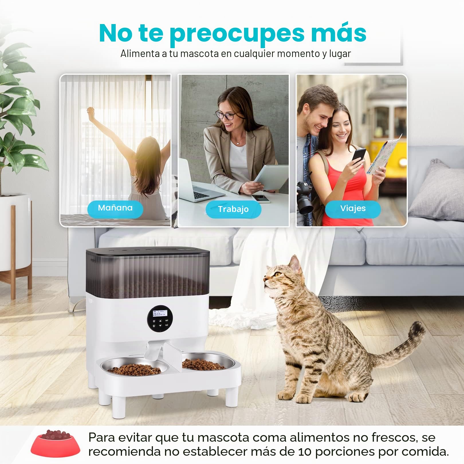 Sailnovo Comedero Automático para Dos Gatos, Dispensador de Comida Seca para Mascotas, Recordatorio de Voz 10s, hasta 80 Porciones y 4 Comidas al Día para Perros y Gatos, Blanco-5L