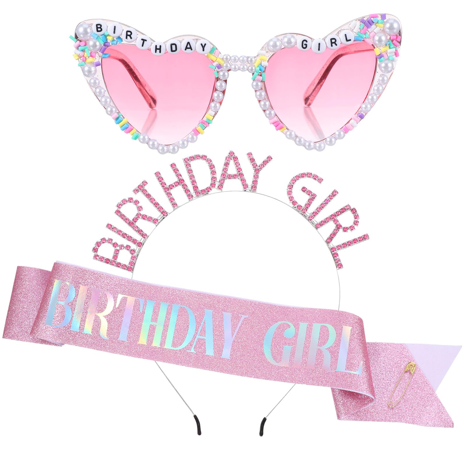 PEOVLVN 3Pcs Birthday Girl Sash Headband and Sunglasses Set Pink Princess Crown Tiara Birthday Party Decorations for Women Girls
