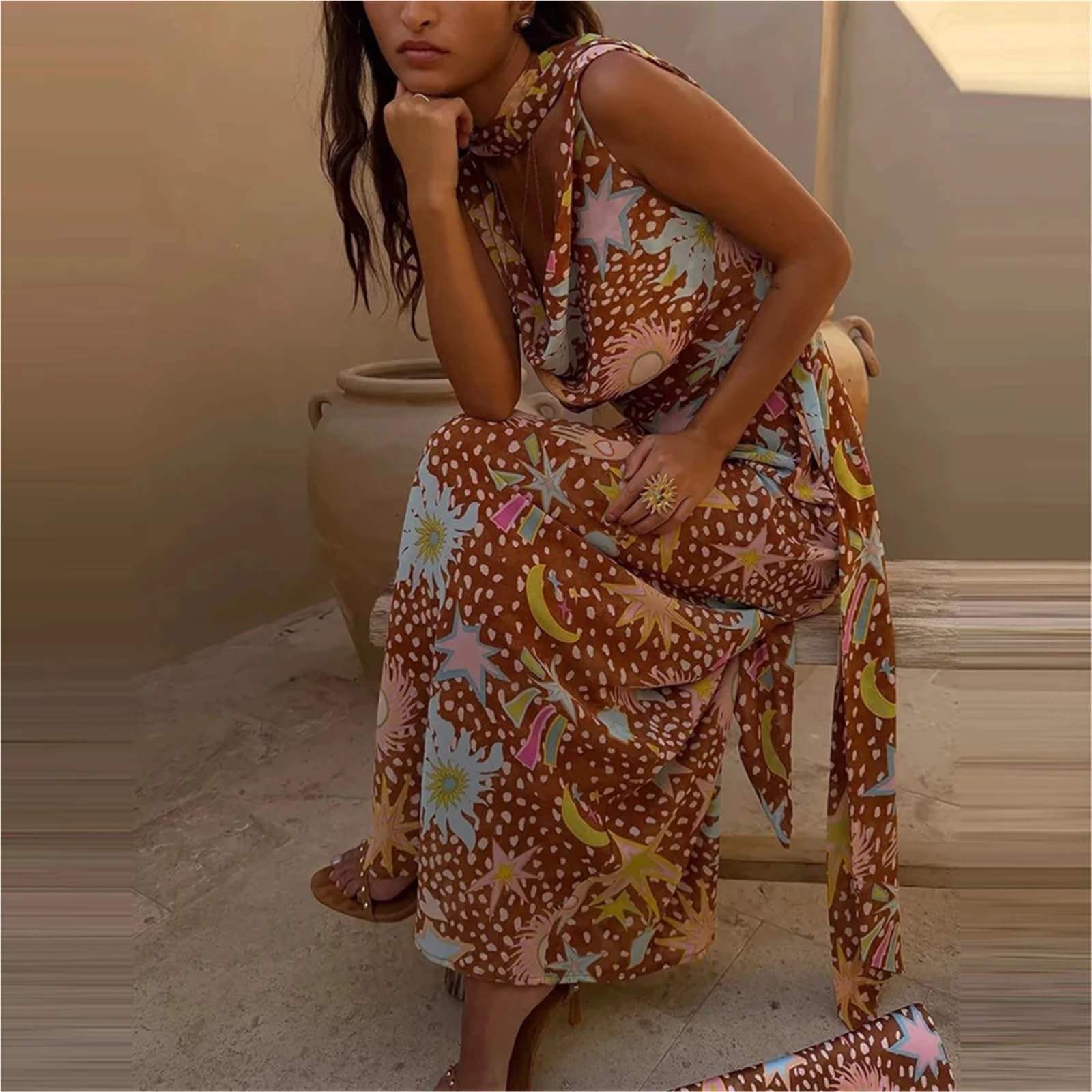 Vestido de Playa Sexy Halter sin Mangas Ahuecado Vacaciones Verano Plisado Vestidos Mujer patrón Vintage