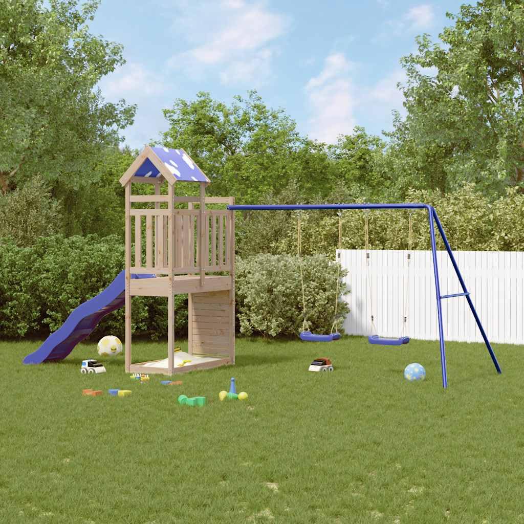 Spielturm aus massivem Kiefernholz mit Wellenrutsche Schaukel Set Kletterwand Sandkasten für Kinder im Garten, outdoor, für Kinder ab 3 Jahren, robustes Holzspielgerät mit Zubehör