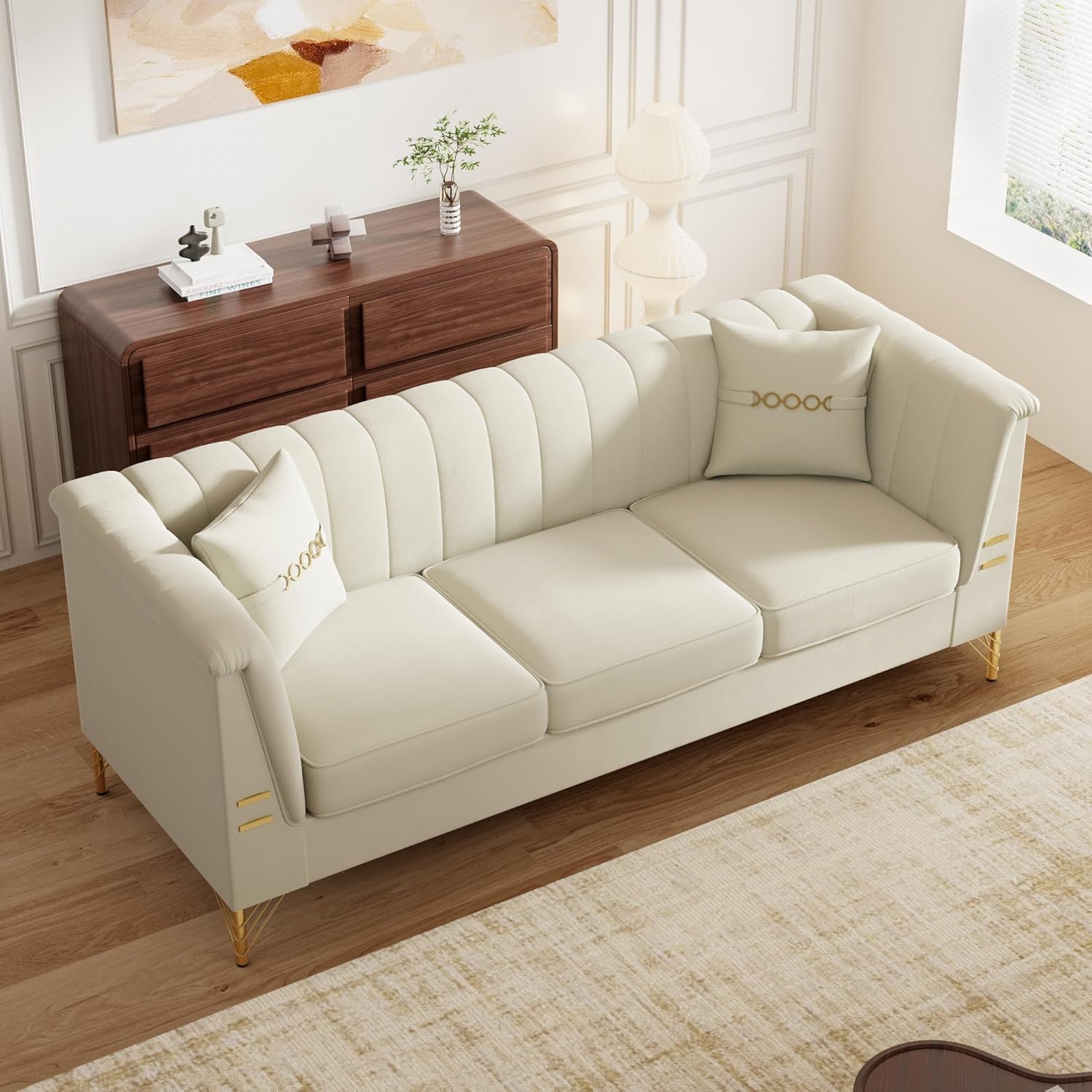 83" Modern Velvet Sofa Couch with Flared Arms and Removable Cushions, Comfy Upholstered 3 Seater Couches Chesterfield Sofa for Living Room, Office, Beige