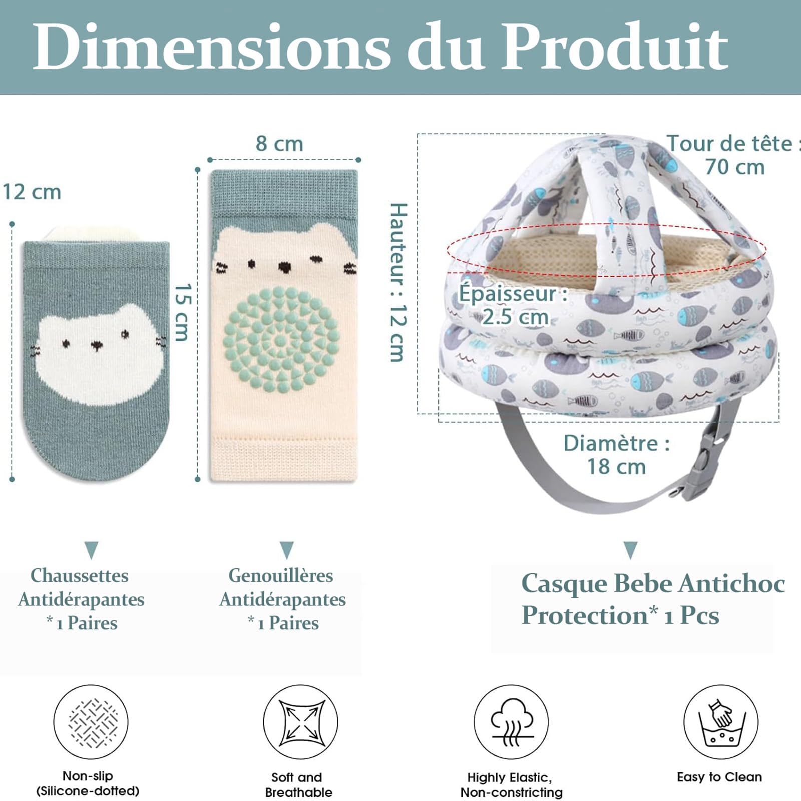 Solivive Casque Bébé Antichoc Protection, Anti Choc pour Bébé avec Longueur Réglable, Chaussettes Antidérapantes et Genouillères