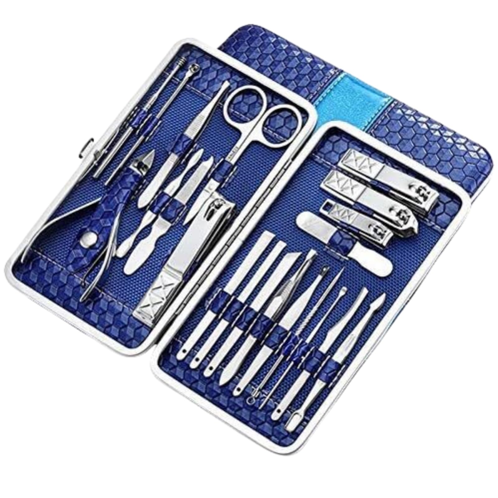 Juego de cortaúñas de 21 piezas, kit de manicura de acero inoxidable, kit de cortaúñas profesional, herramientas de cuidado de pedicura, herramientas de aseo con estuche de cuero PU(Blue)