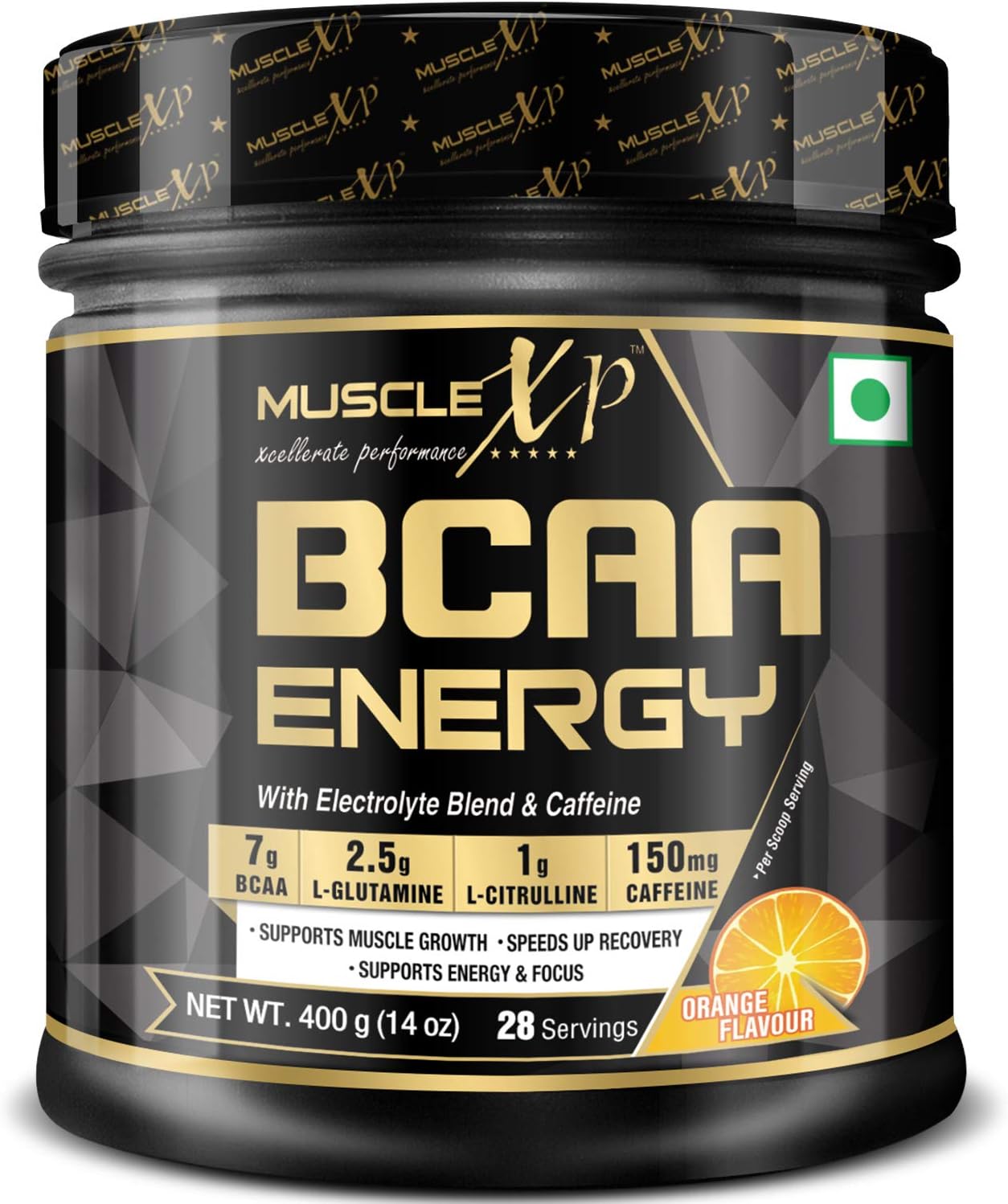 MuscleXP BCAA Energy With Caffeine, BCAA 7000, L-Glutamine, Citrulline Malate, Orange, 400g (14 oz) - 28 Servings