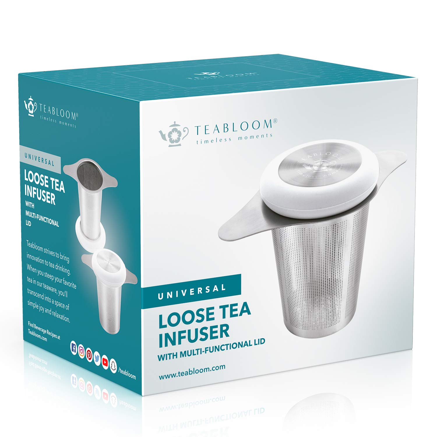 Amazon.com: Teabloom Universal Tea Infuser with Lid/Coaster – Fits Mugs,  Cups, Teapots – Food Grade 304 Stainless Steel Filter – Large Capacity with  Extra-Fine Mesh : Home & Kitchen