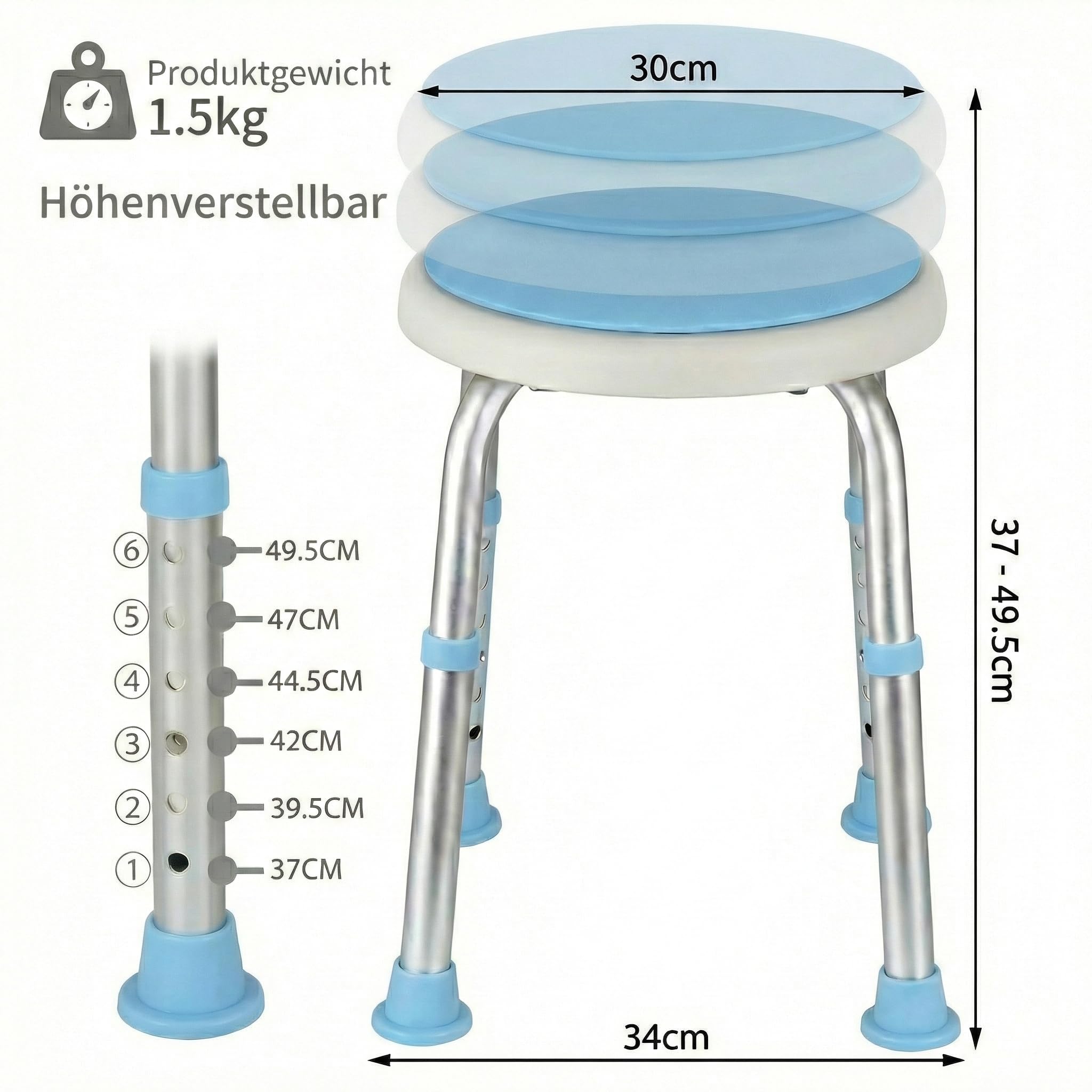 Duschhocker - Duschstuhl 360° drehbar und höhenverstellbar, Badhocker für die Dusche bis 136kg belastbar, Rutschfester Duschsitz für Senioren und Erwachsene, Dusch Hocker