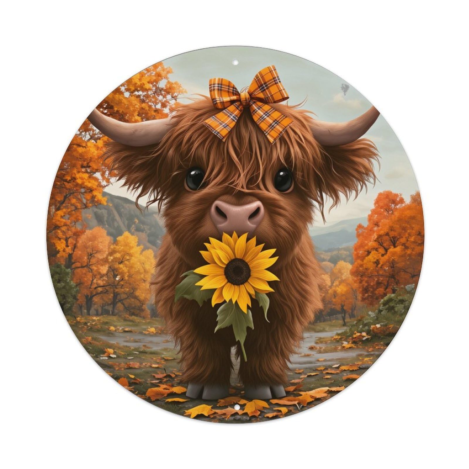 Autumn Cow Sunflower Bow Plaid Retro Metal Tin Sign, Vintage Metal Poster for Bar, Home, Man Cave, Kitchen, Laundry Room Art Decor 8x8 Inch