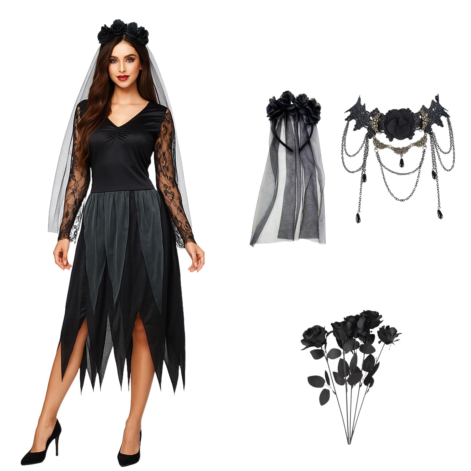 STEFUEWILL17 Black Corpse Bride Halloween Costume Fancy Dead Brides Costume Women, Zombie, Halloween Costumes Dress Outfits for Cosplay Outfits, Bride Wedding Dress - BigaMart STEFUEWILL17 Black Corpse Bride Halloween Costume Fancy Dead Brides Costume Women, Zombie, Halloween Costumes Dress Outfits for Cosplay Outfits, Bride Wedding Dress - BigaMart