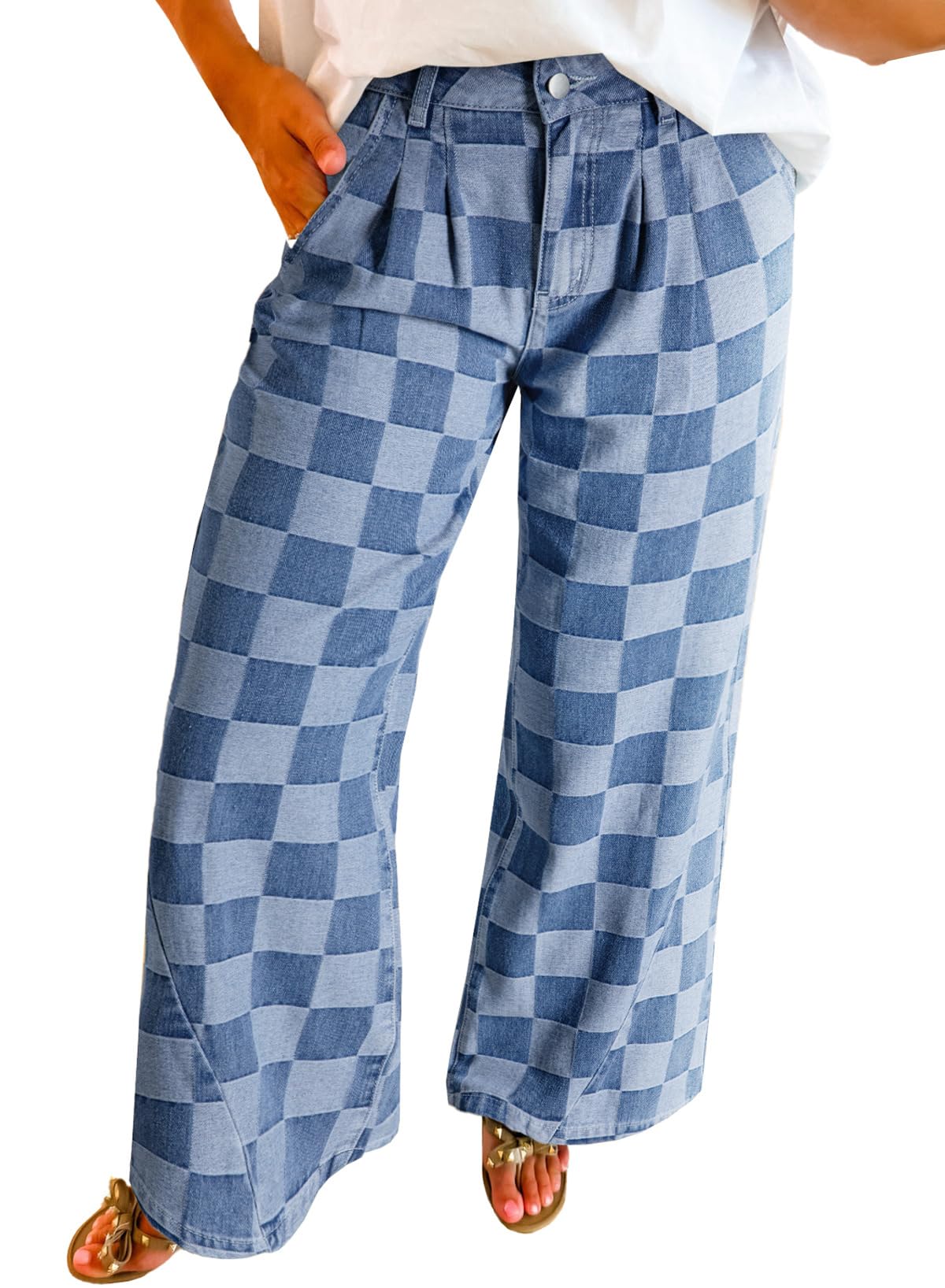 Womens Plaid Print Baggy Wide Leg Jeans High Waisted Straight Leg Denim Pants Chessboard Pattern Jeans