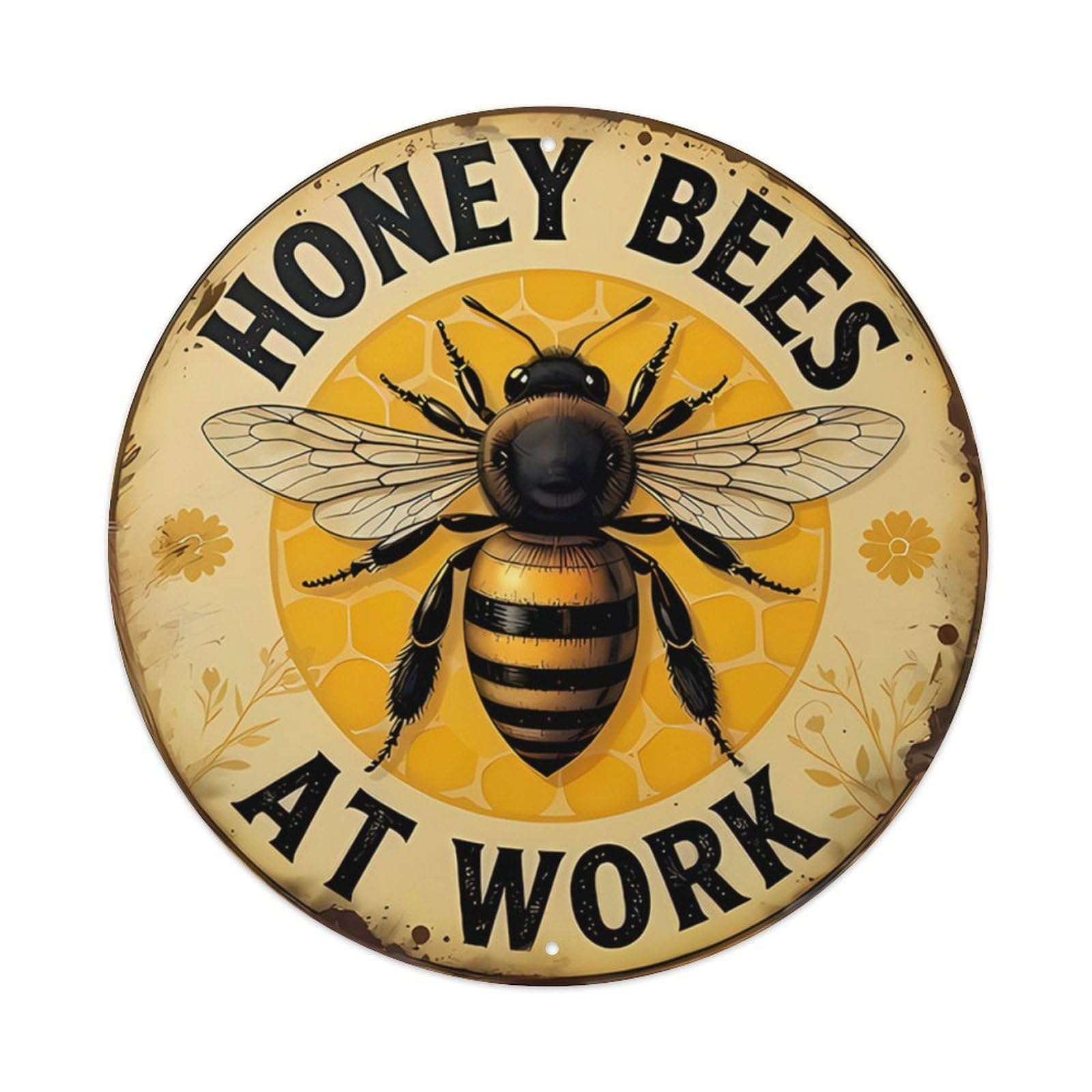 Vintage Honey Bees At Work Round Sign Vintage Aluminium Metal Sign, Retro Wall Decor for Home, Bar, Garage & Farmhouse 20x20cm