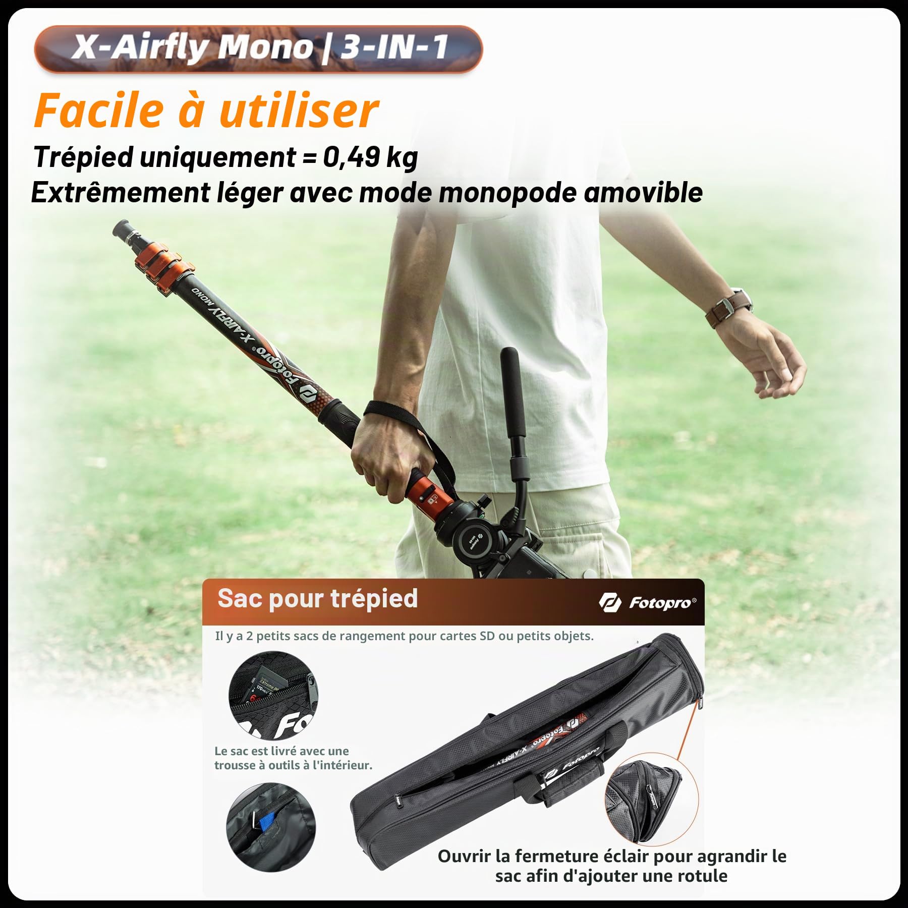 Fotopro X-Airfly Monopode 3-en-1 carboné avec pédale, 185,4 cm, charge 10 kg