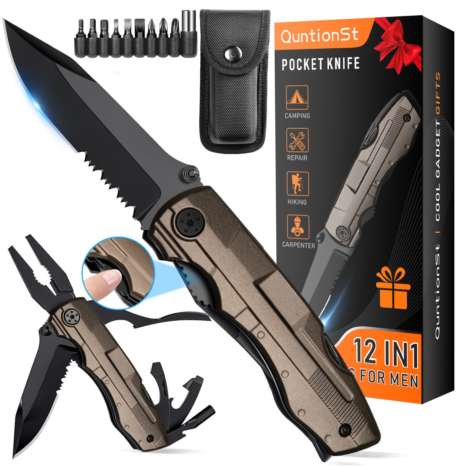 Gifts for Men, 12 in 1 Pocket Knife Multitool Camping Essentials, Mens Gifts for Christmas, Dad Gifts for Him Husband Grandpa Camping Gear, Unique Gifts for Men Who Have Everything