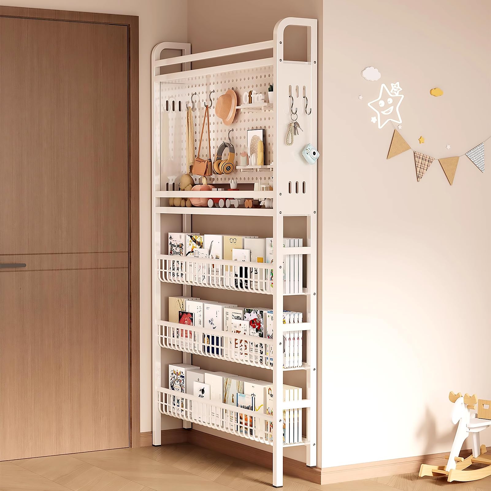 Estantería detrás de la puerta, estantería infantil que ahorra espacio con 5 niveles, estantería alta y estrecha detrás de la puerta, estantería de pared abierta con ganchos para dormitorio infantil