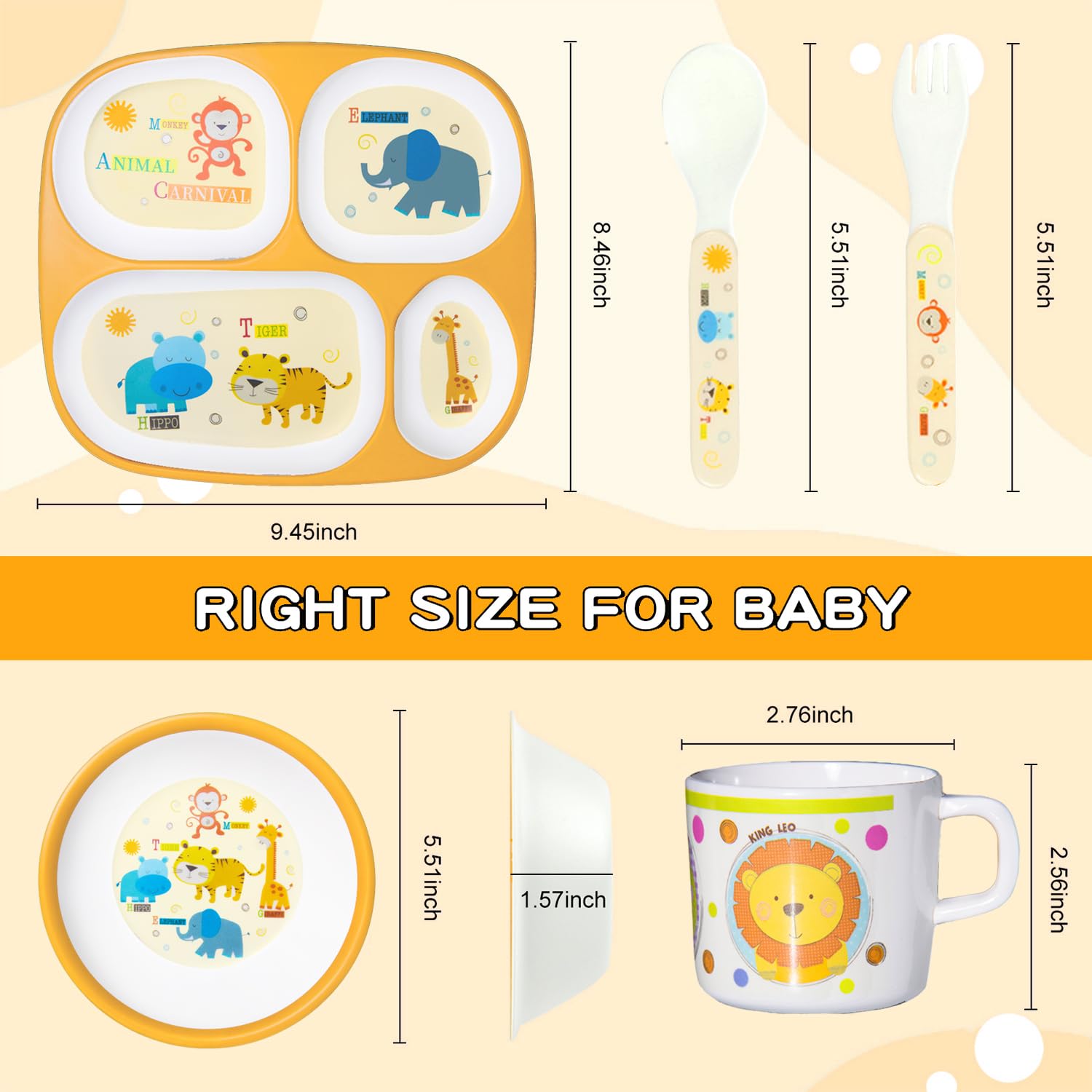 5-Piece Kids Melamine Dinnerware Set – Plate, Bowl, Cup, Fork & Spoon – BPA-Free, Durable & Lightweight Cartoon Set for Toddlers (Little Animal Party)