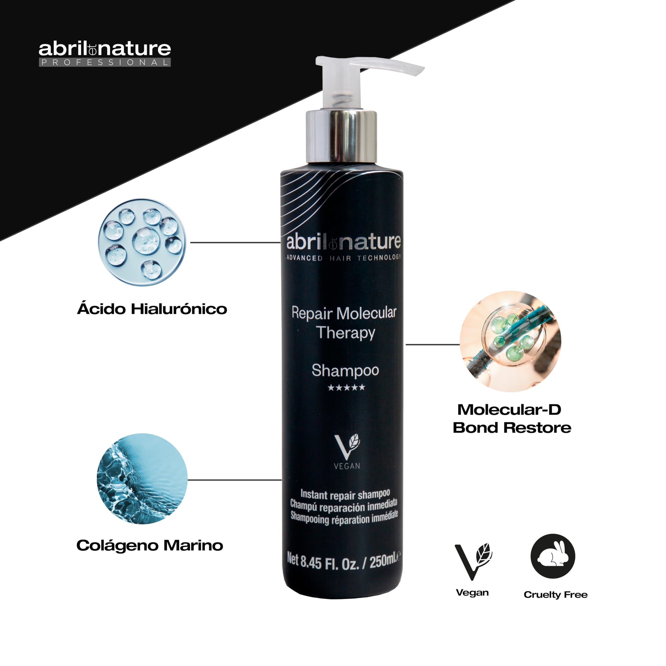 abril et nature - Champú Profesional Molecular Therapy - Cabellos Extremadamente Dañados, Castigados o Envejecidos - Reestructura, Repara y Rellena la Fibra Capilar - Pelo Sano y Fuerte - 1000 ml