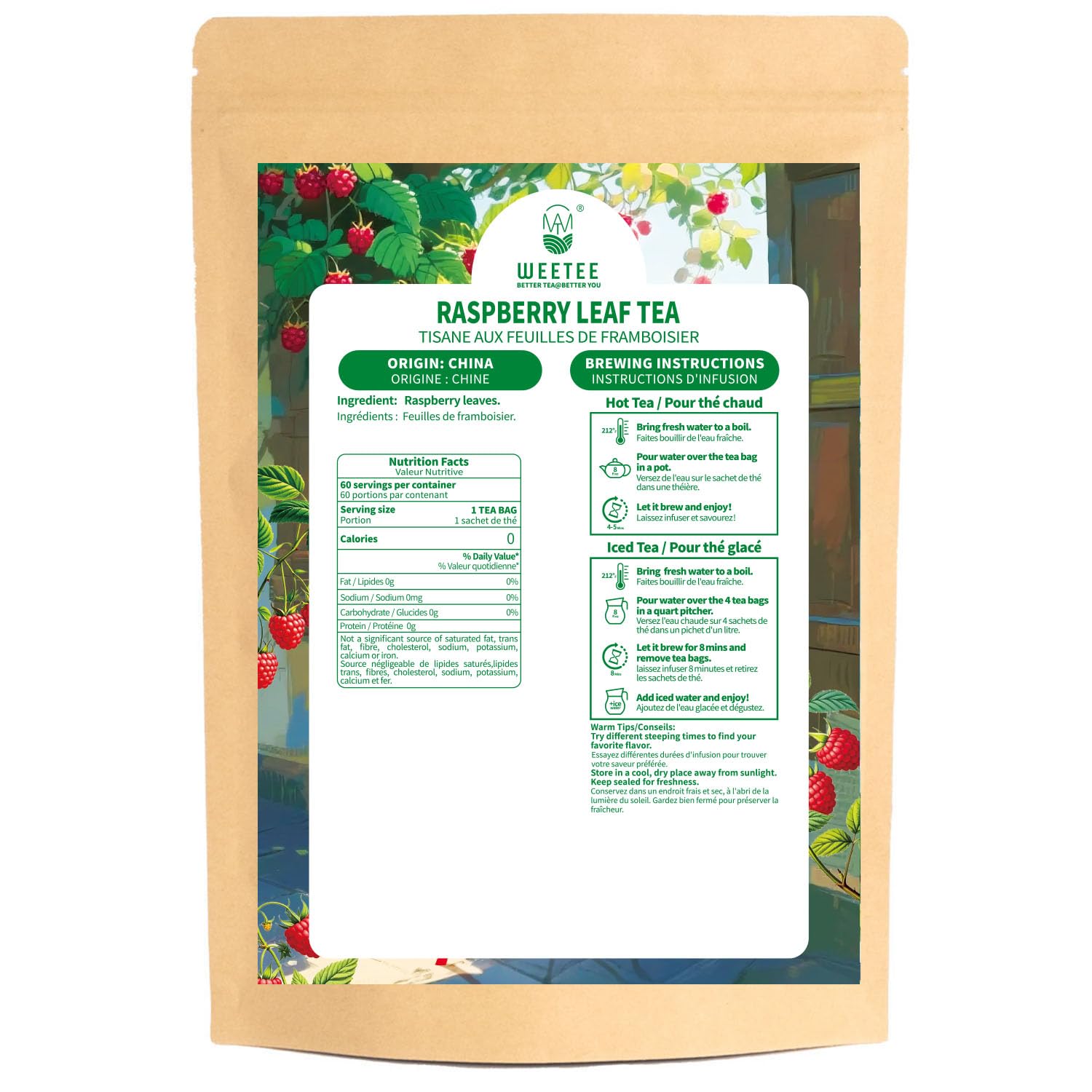 WT WEETEE Red Raspberry Leaf Tea Bags 60 Count, Pure Cut & Sifted Raspberry Leaf, Taste Similar to Green Tea, No Sugar, No Caffeine, Natural Pregnancy Tea - 3