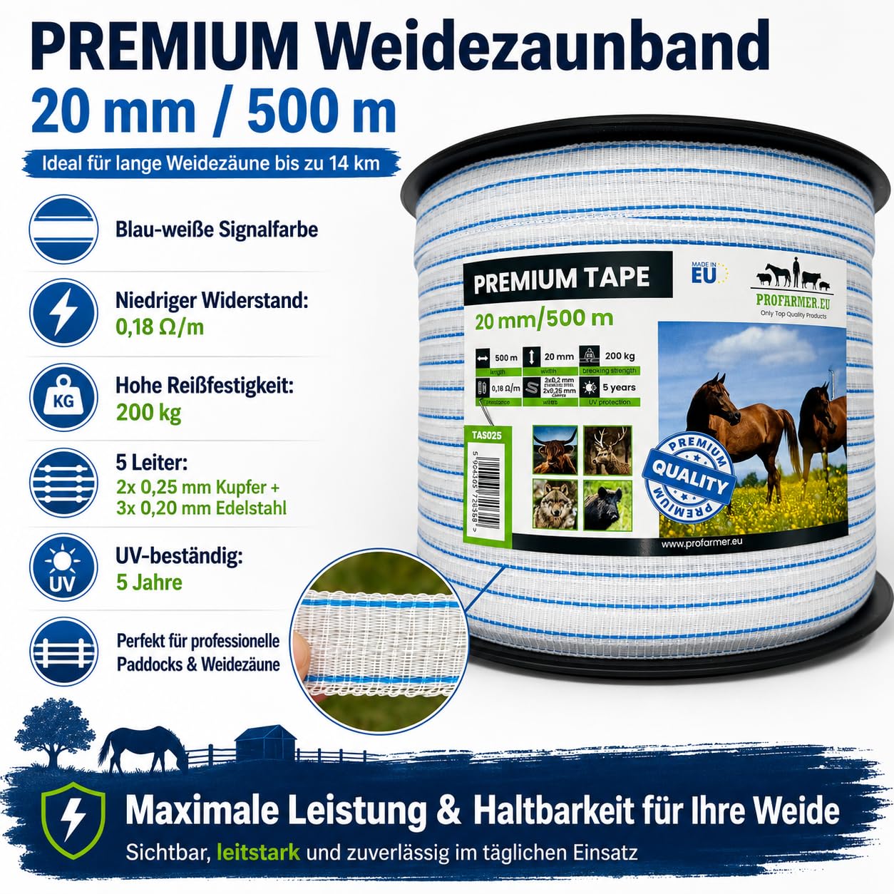 PREMIUM-Weidezaunband 500 m, 20 mm, weiß-blau – Höchste Leitfähigkeit & Sichtbarkeit