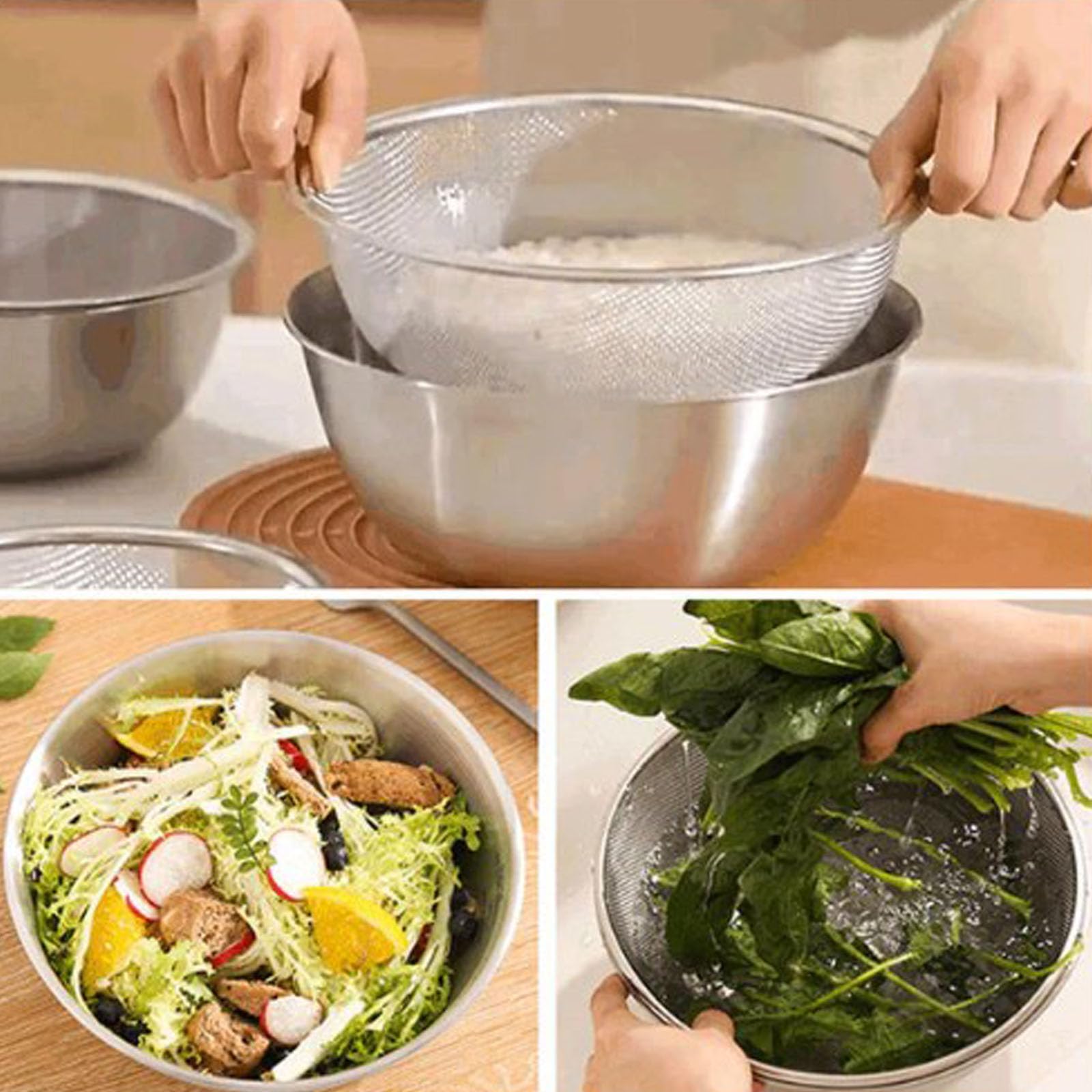 Ciotola in acciaio inox con cestello scolapasta per riso, set per verdure, frutta, pasta, insalata (800 ml)