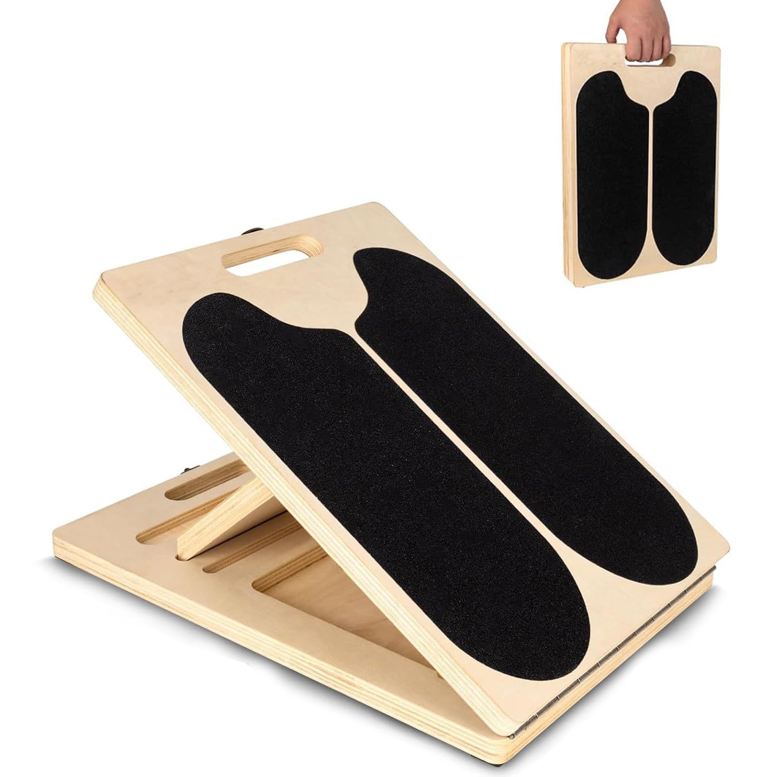 Panca inclinata per allungare i polpacci in legno, tavola obliqua 2 in 1 con 5 angoli e maniglia da trasporto, balance board per l’equilibrio, allenatore polpacci pieghevole