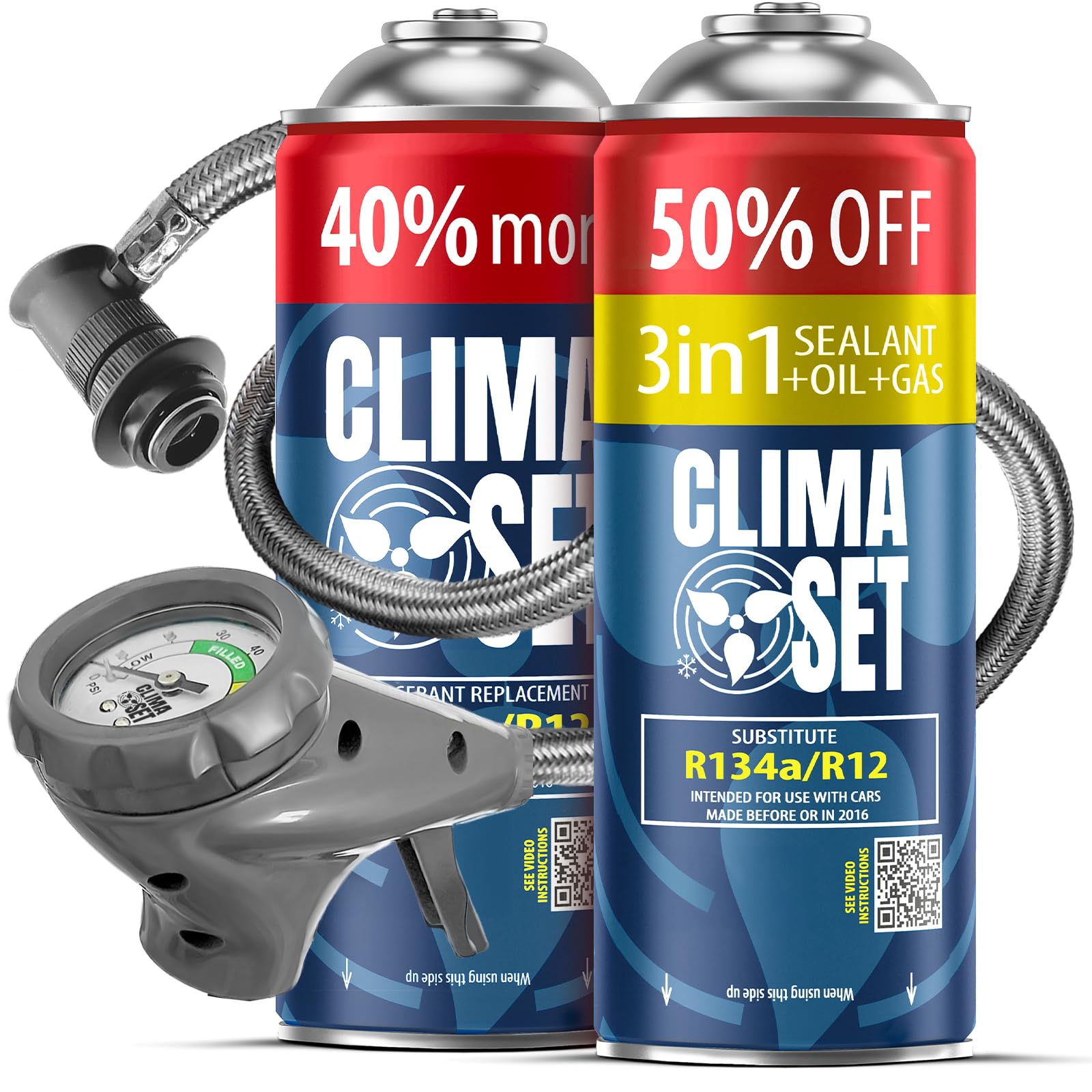 CLIMASET - Kit di ricarica per climatizzatore auto - Gas e olio R134a + R134a 3 in 1 + tubo flessibile - Per veicoli dal 1994 al 2016, tubo flessibile moderno e facile da usare, manometro