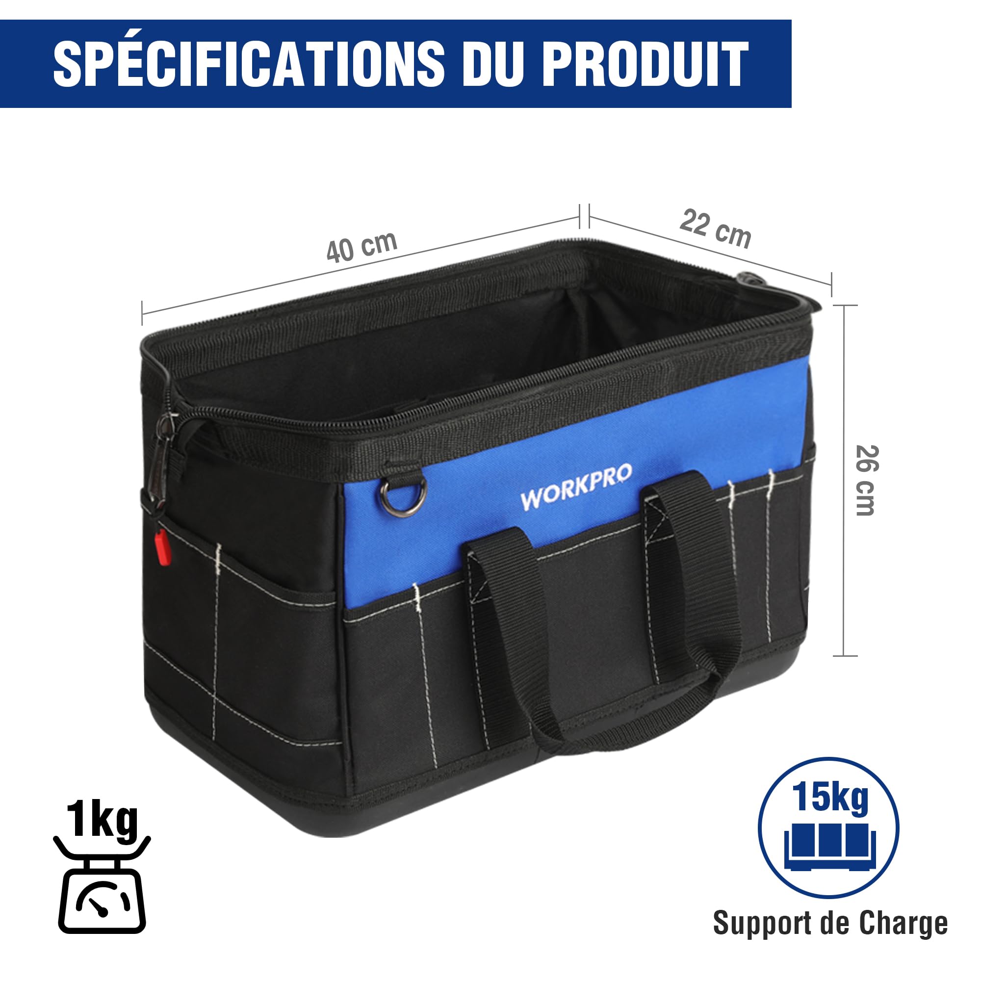 WORKPRO Sac à Outils avec Grande Capacité et Fond Dur Sac Porte-outil 40 cm